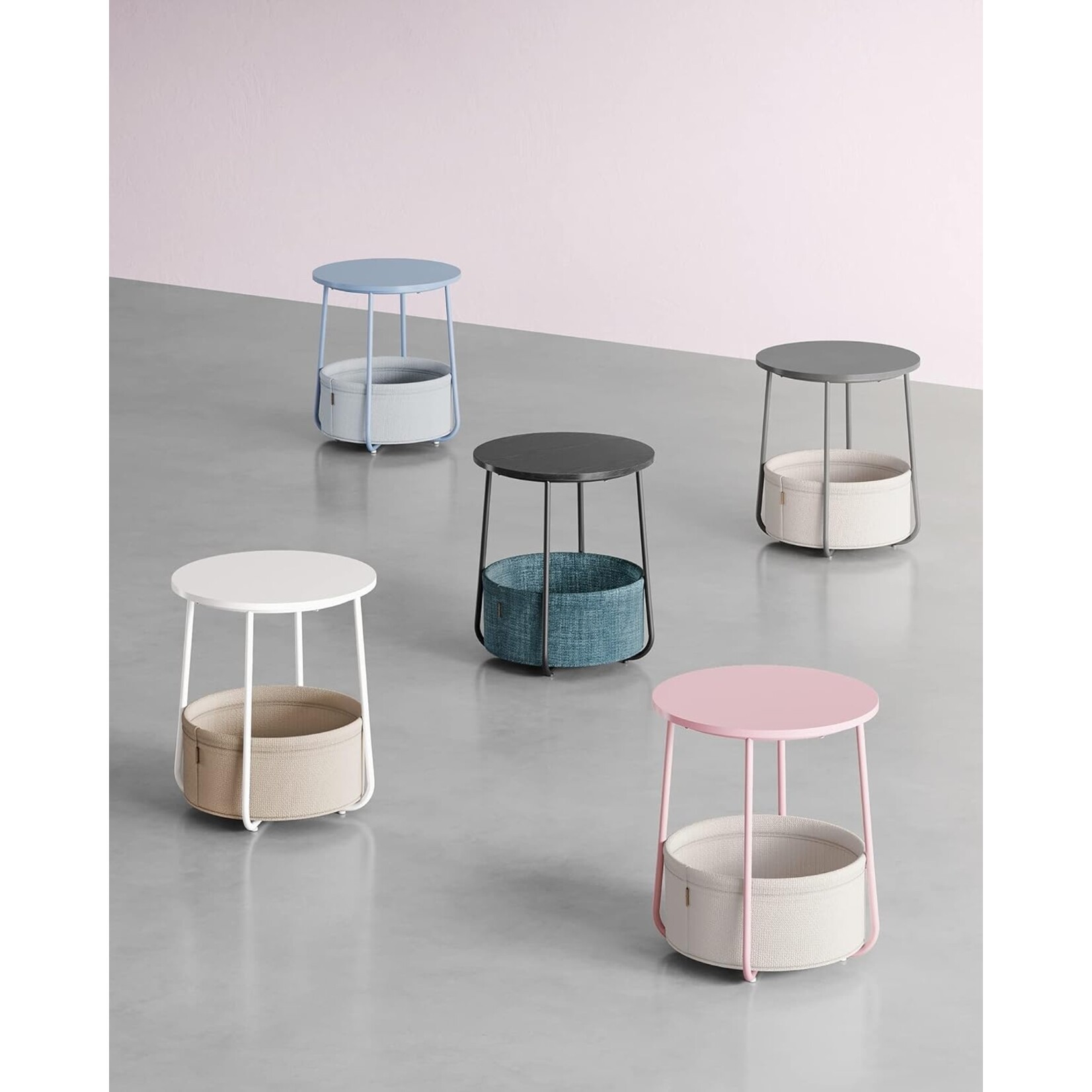 Parya Home Small round coffee table, side table with fabric basket, storage space, for living room, bedroom, bedside table, modern style, creamy white