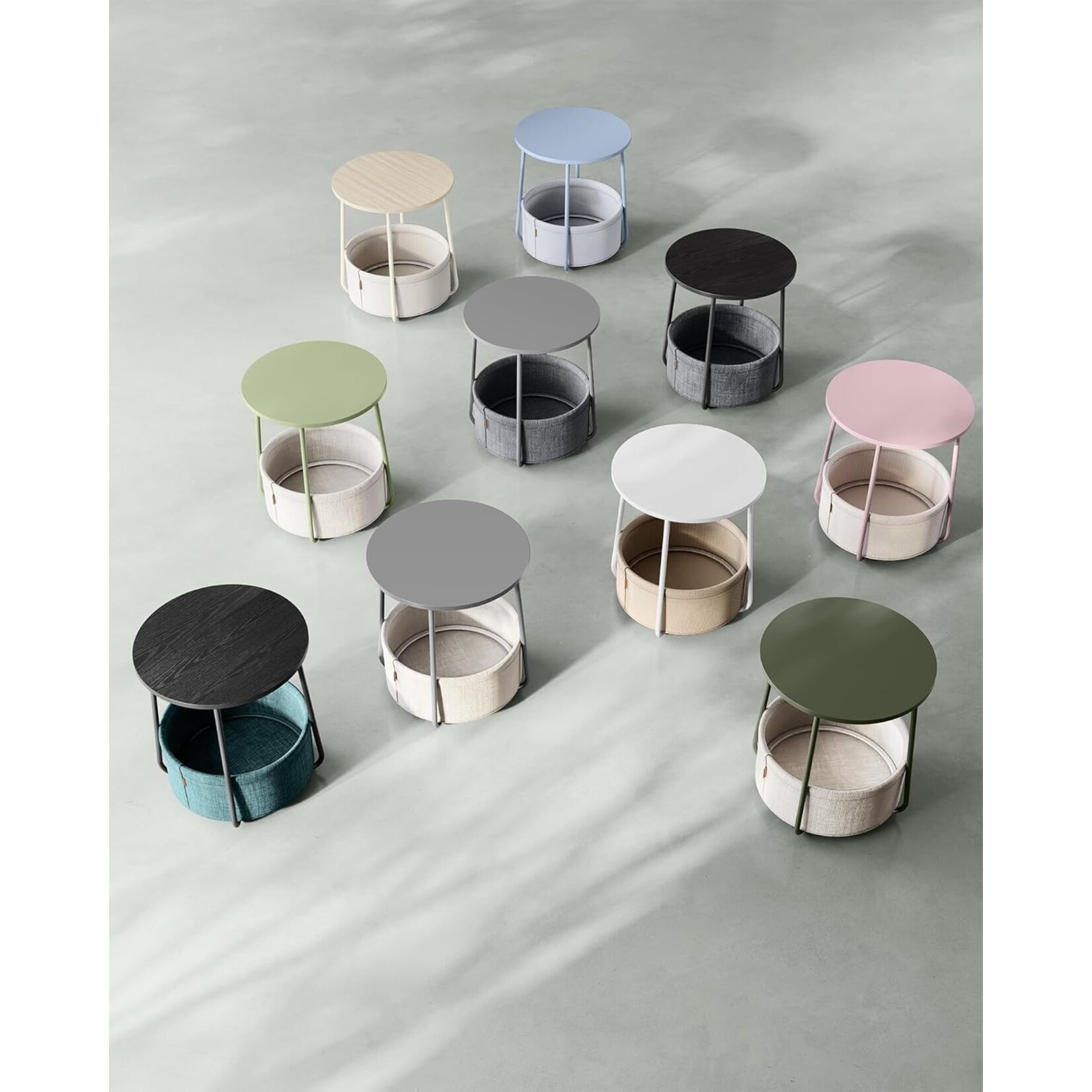 Parya Home Kleine ronde salontafel, bijzettafel met stoffen mand, opbergruimte, voor woonkamer, slaapkamer, nachtkastje, moderne stijl, lauriergroen en crèmewit