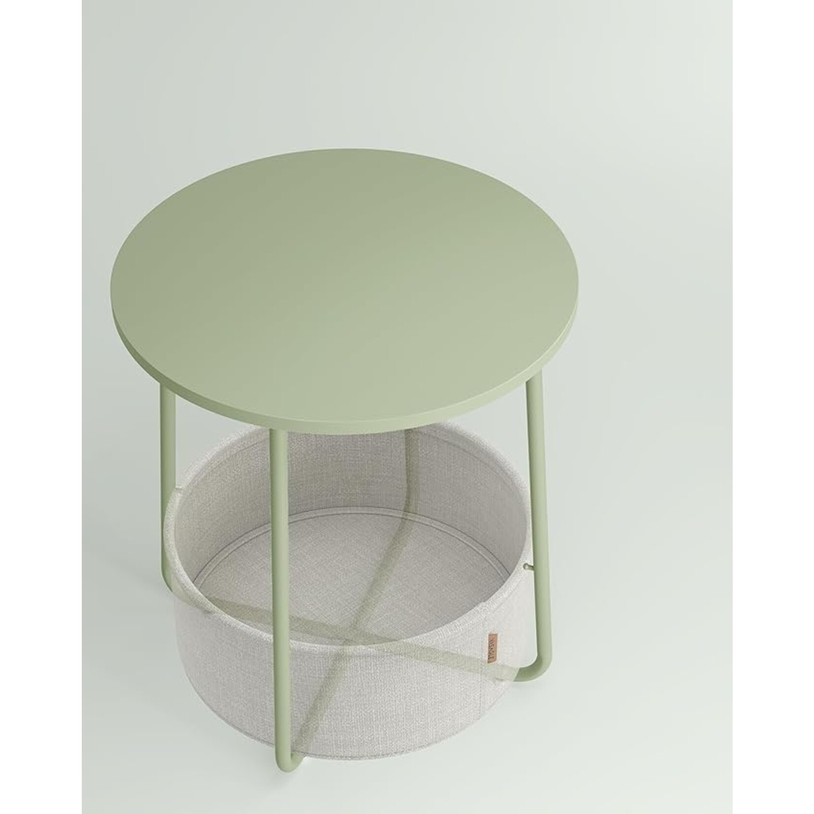 Parya Home Small round coffee table, side table with fabric basket, storage space, for living room, bedroom, bedside table, modern style, laurel green and creamy white