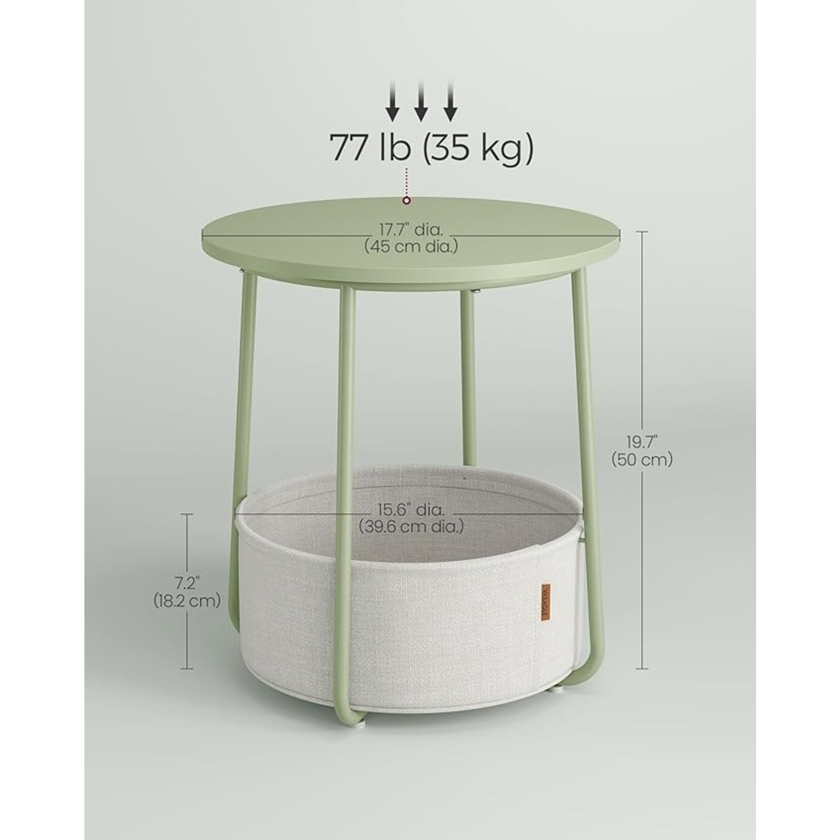Parya Home Small round coffee table, side table with fabric basket, storage space, for living room, bedroom, bedside table, modern style, laurel green and creamy white