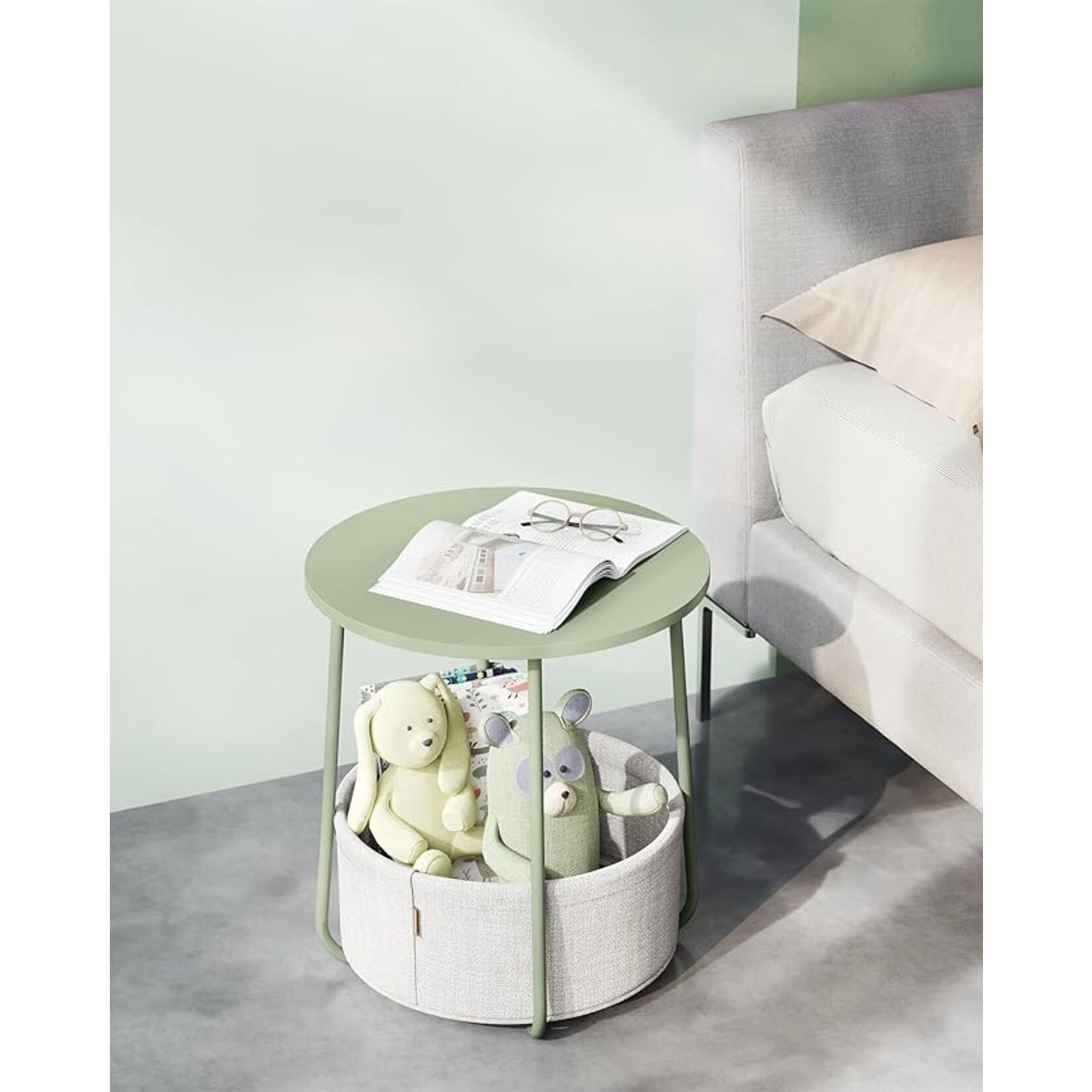 Parya Home Small round coffee table, side table with fabric basket, storage space, for living room, bedroom, bedside table, modern style, laurel green and creamy white