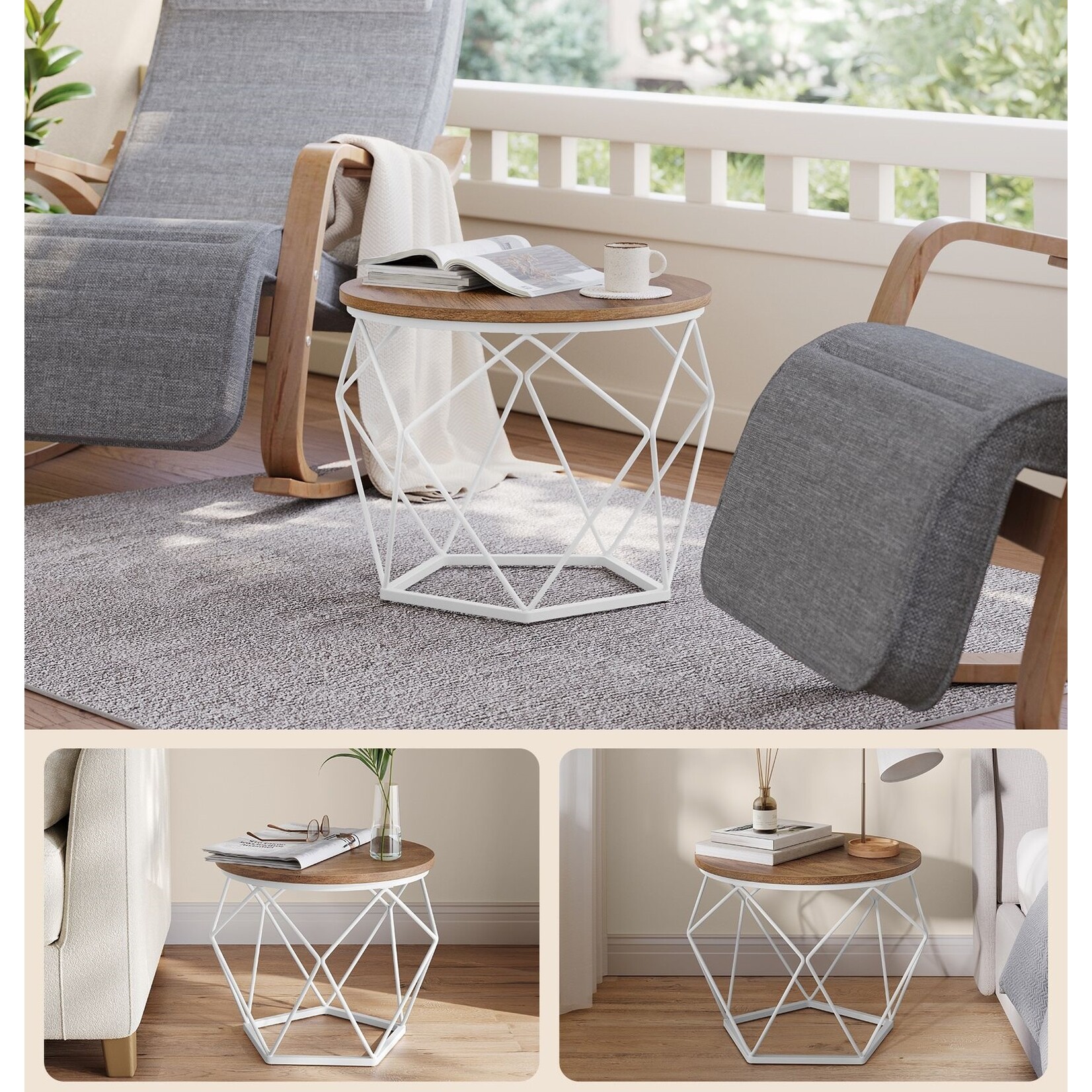 Parya Home Parya Home Round coffee table, set of 2, side table, modern style, removable top, steel frame, for living room, honey brown and cloud white