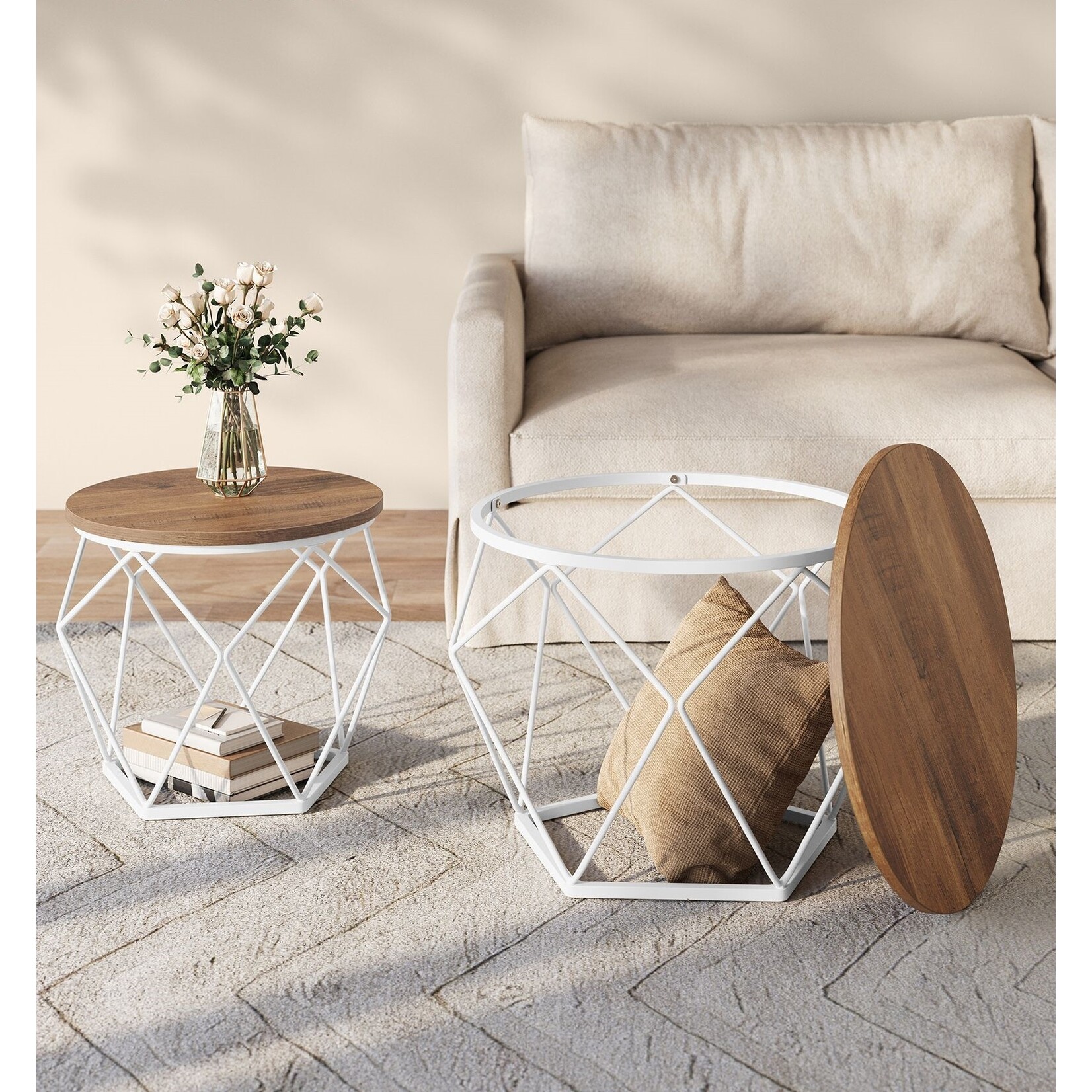 Parya Home Round coffee table, set of 2, side table, modern style, removable top, steel frame, for living room, honey brown and cloud white