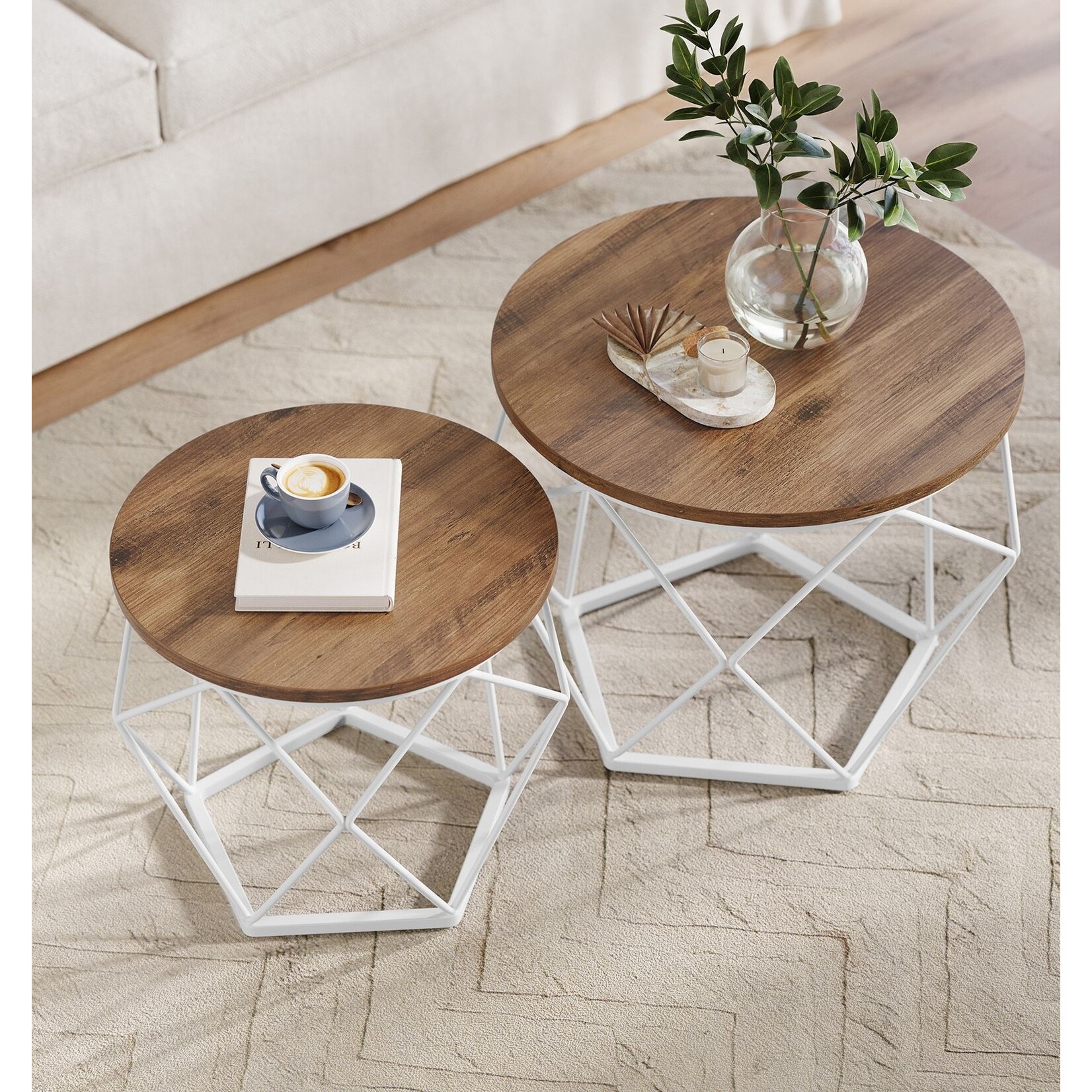 Parya Home Parya Home Round coffee table, set of 2, side table, modern style, removable top, steel frame, for living room, honey brown and cloud white
