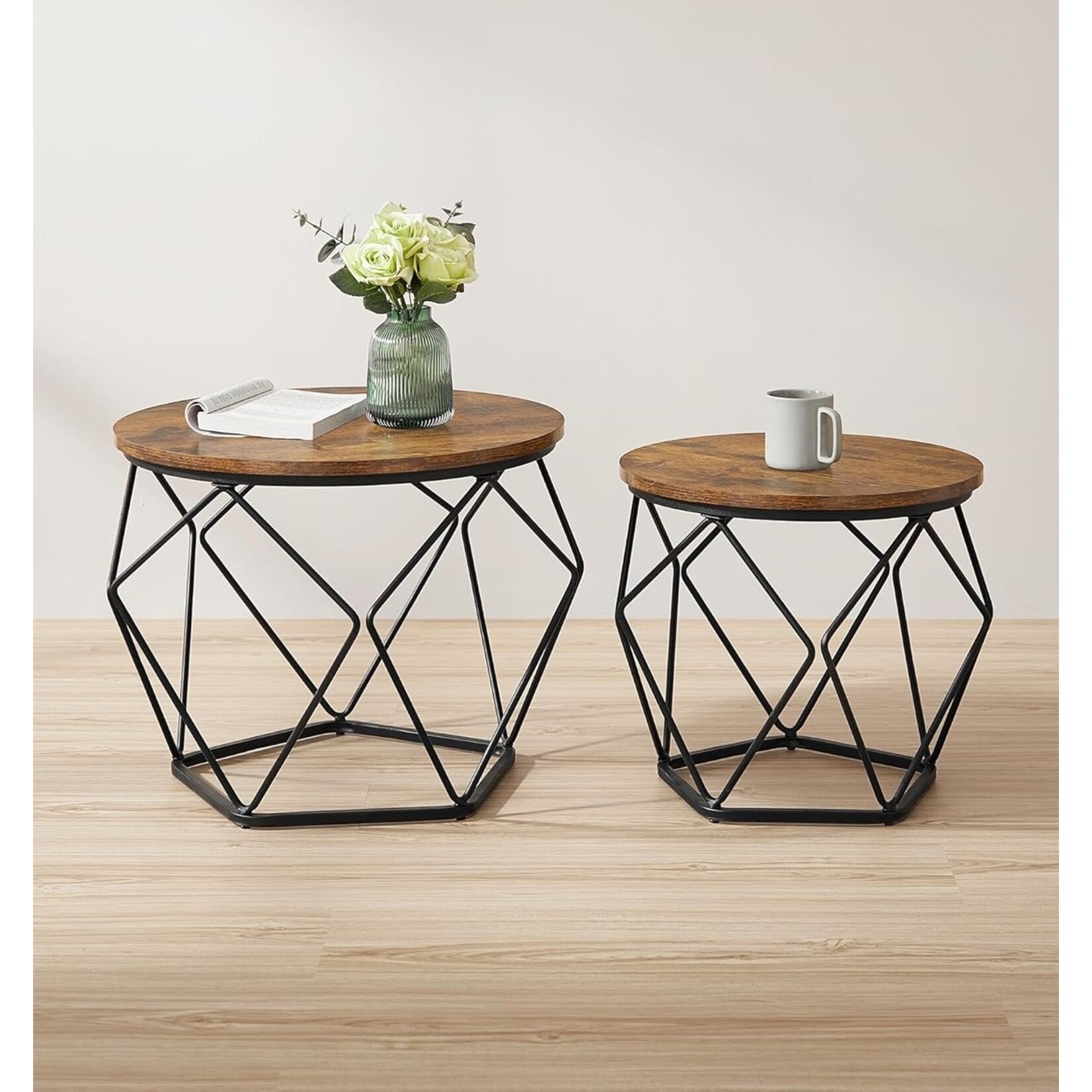 Parya Home ronde salontafel, set van 2, woonkamertafel, bijzettafel, vintage flair, afneembaar tafelblad, voor woonkamer, vintage bruin-inktzwart