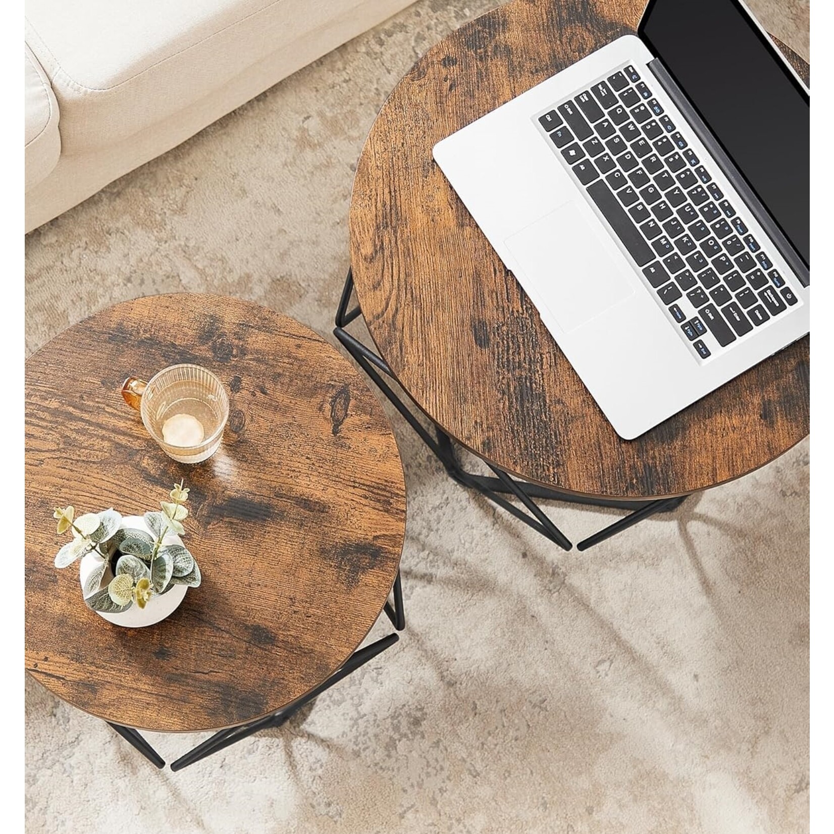 Parya Home Parya Home round coffee table, set of 2, living room table, side table, vintage flair, removable tabletop, for living room, vintage brown-ink black