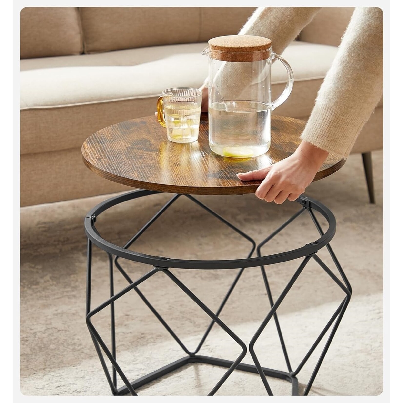 Parya Home Parya Home round coffee table, set of 2, living room table, side table, vintage flair, removable tabletop, for living room, vintage brown-ink black