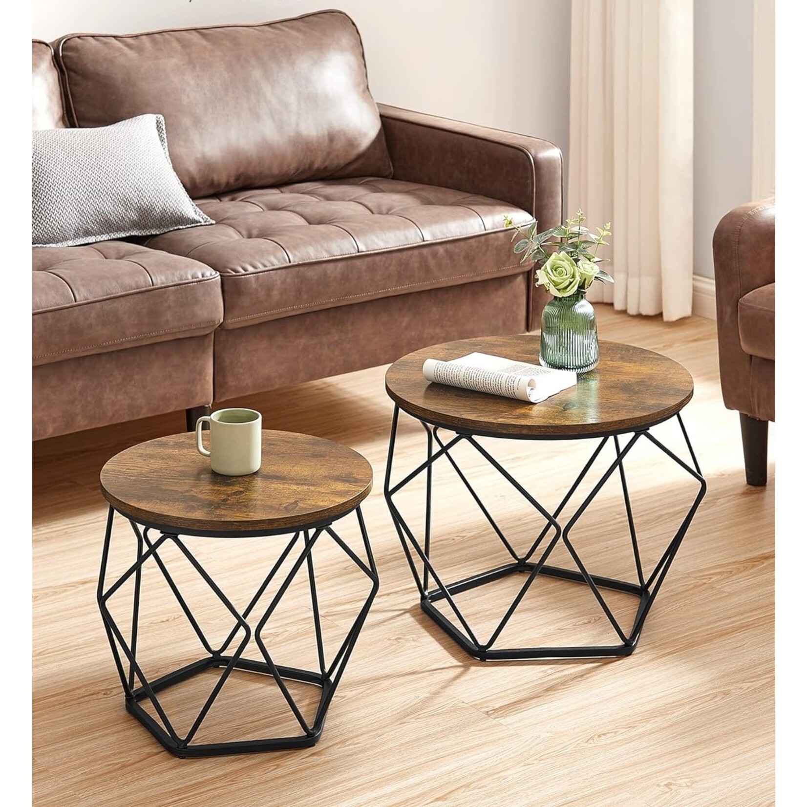 Parya Home Parya Home round coffee table, set of 2, living room table, side table, vintage flair, removable tabletop, for living room, vintage brown-ink black
