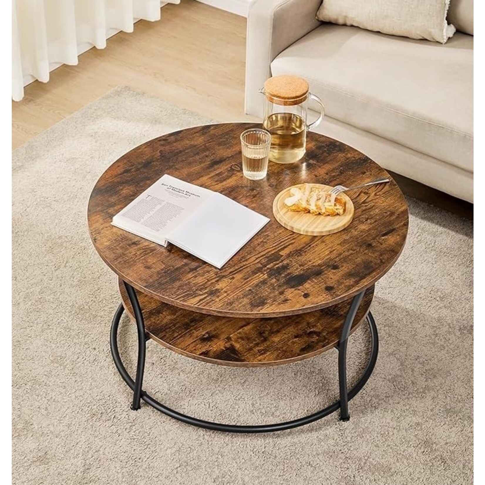 Parya Home Salontafel rond, Woonkamertafel, Sofatafel met plank, 80 x 45 cm, Gemakkelijke montage, Metaal, Industrieel ontwerp, vintage bruin-zwart