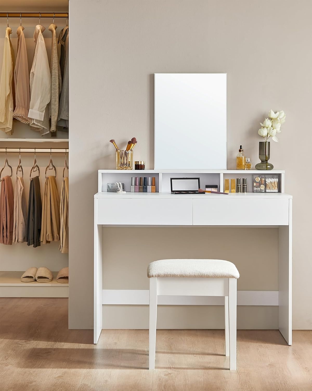 Bobbel Home - Kaptafel met rechthoekige spiegel - Met 2 lades & 3 open vakken - Wit