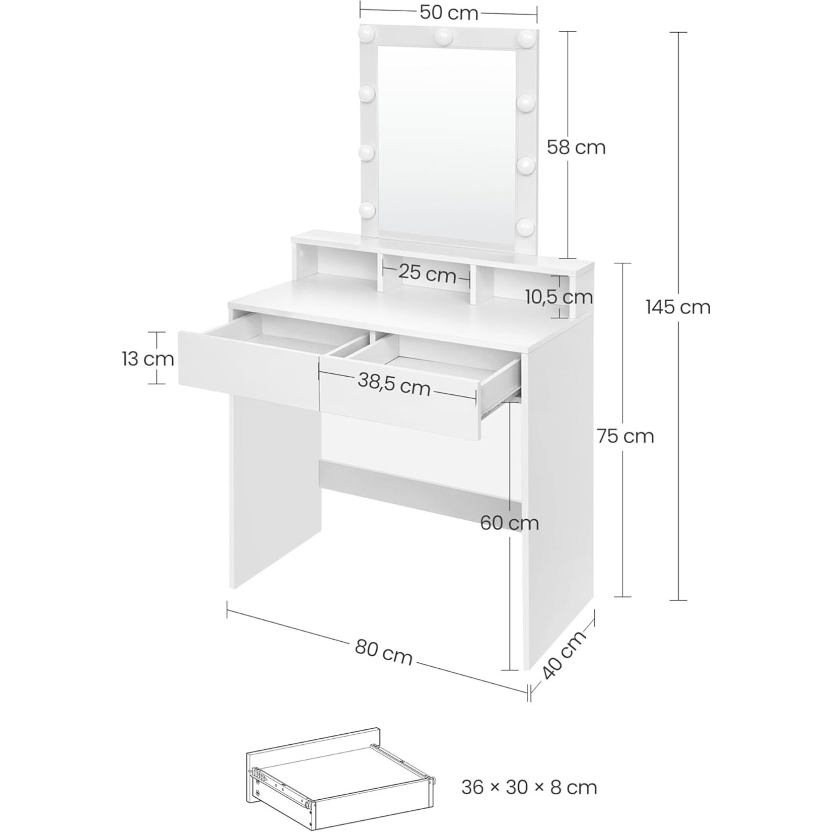 Bobbel Home Bobbel Home - Witte Kaptafel - Rechthoekige spiegel - Gloeilampen - 2 lades en 3 open vakken - Wit