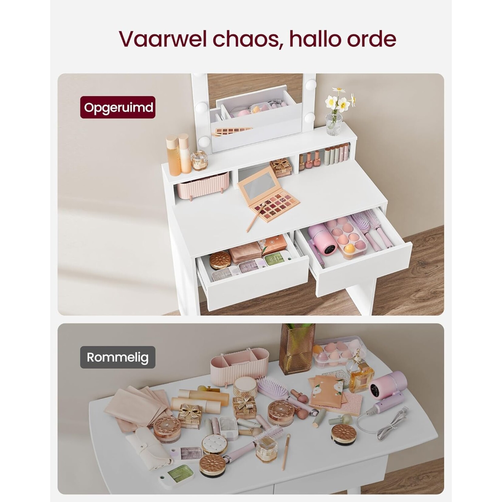Bobbel Home Bobbel Home - White Dressing table - Rectangular mirror - Light bulbs - 2 drawers and 3 open compartments - White