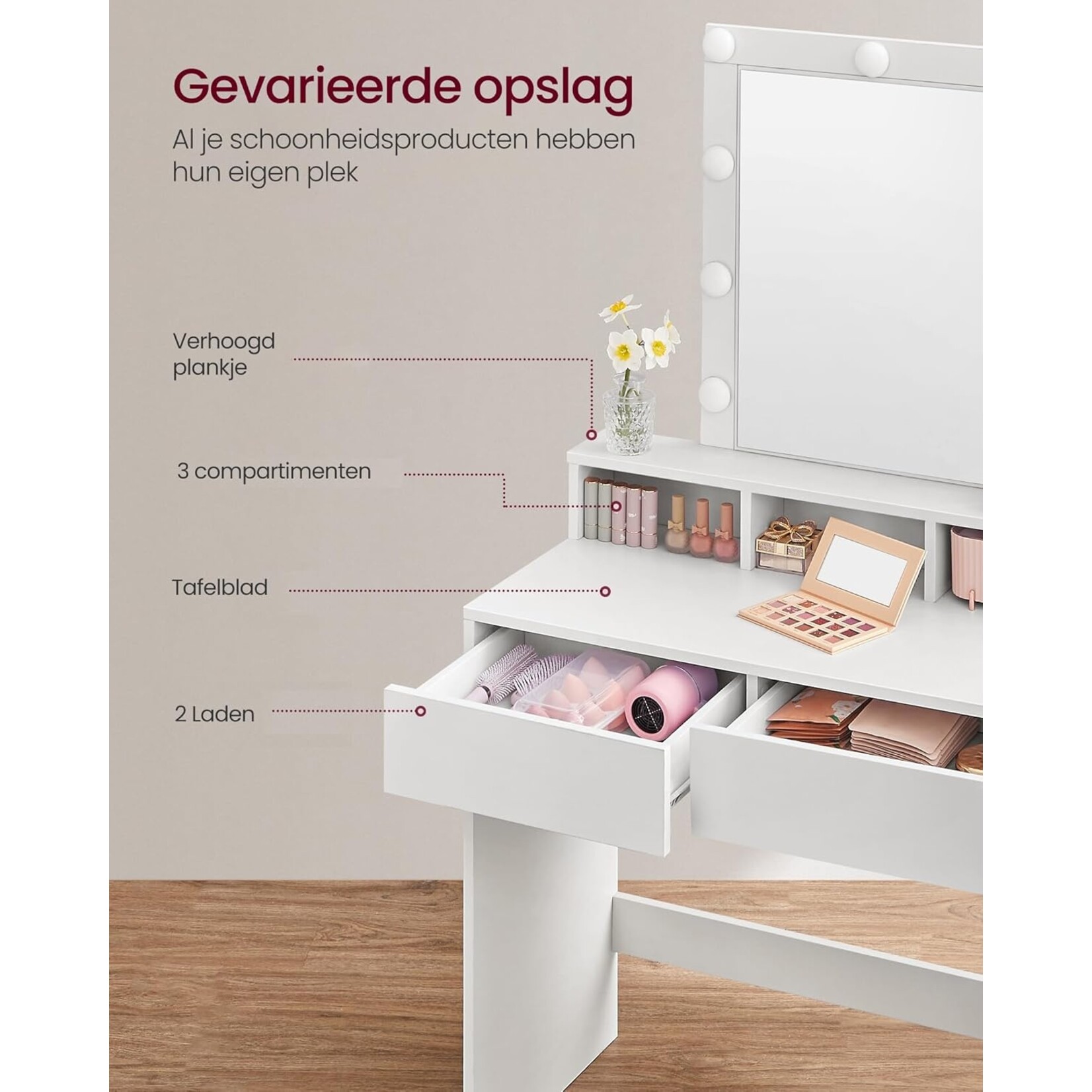 Bobbel Home Bobbel Home - Witte Kaptafel - Rechthoekige spiegel - Gloeilampen - 2 lades en 3 open vakken - Wit