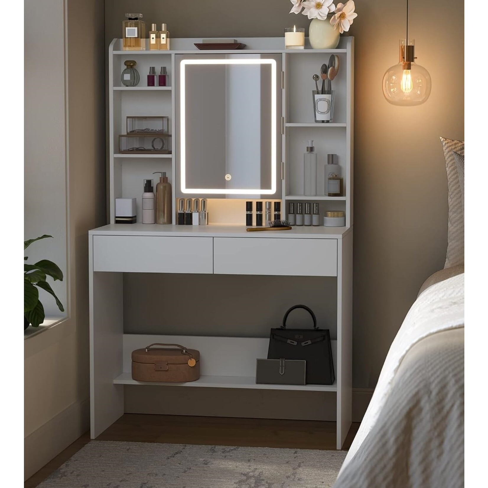 Bobbel Home Moderne Witte Make-up tafel met Instelbare LED Verlichting - Kaptafel met Spiegel, 2 Laden en Aanpasbare Planken - Stijlvolle Opslag voor Make-up