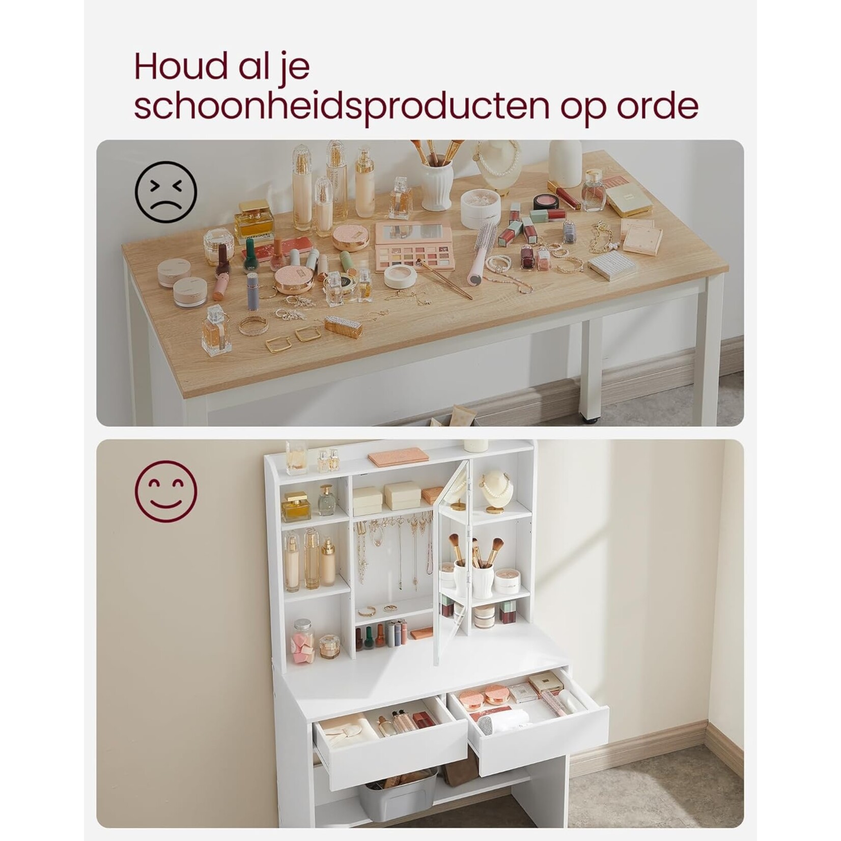 Bobbel Home Moderne Witte Make-up tafel met Instelbare LED Verlichting - Kaptafel met Spiegel, 2 Laden en Aanpasbare Planken - Stijlvolle Opslag voor Make-up