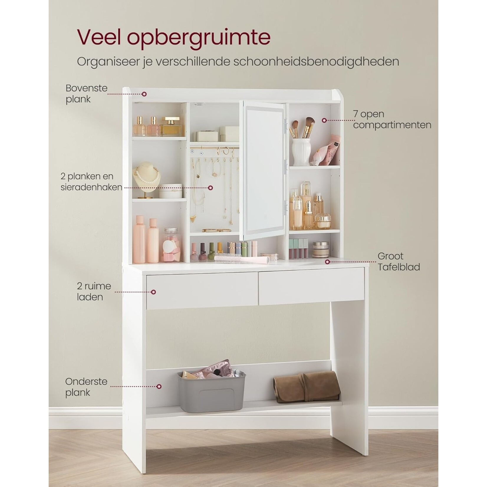 Bobbel Home Moderne Witte Make-up tafel met Instelbare LED Verlichting - Kaptafel met Spiegel, 2 Laden en Aanpasbare Planken - Stijlvolle Opslag voor Make-up