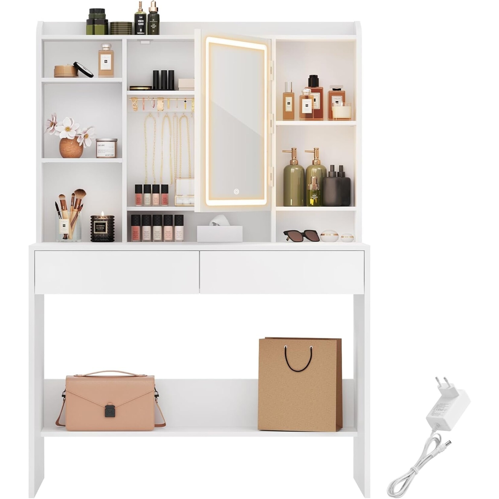 Bobbel Home Moderne Witte Make-up tafel met Instelbare LED Verlichting - Kaptafel met Spiegel, 2 Laden en Aanpasbare Planken - Stijlvolle Opslag voor Make-up