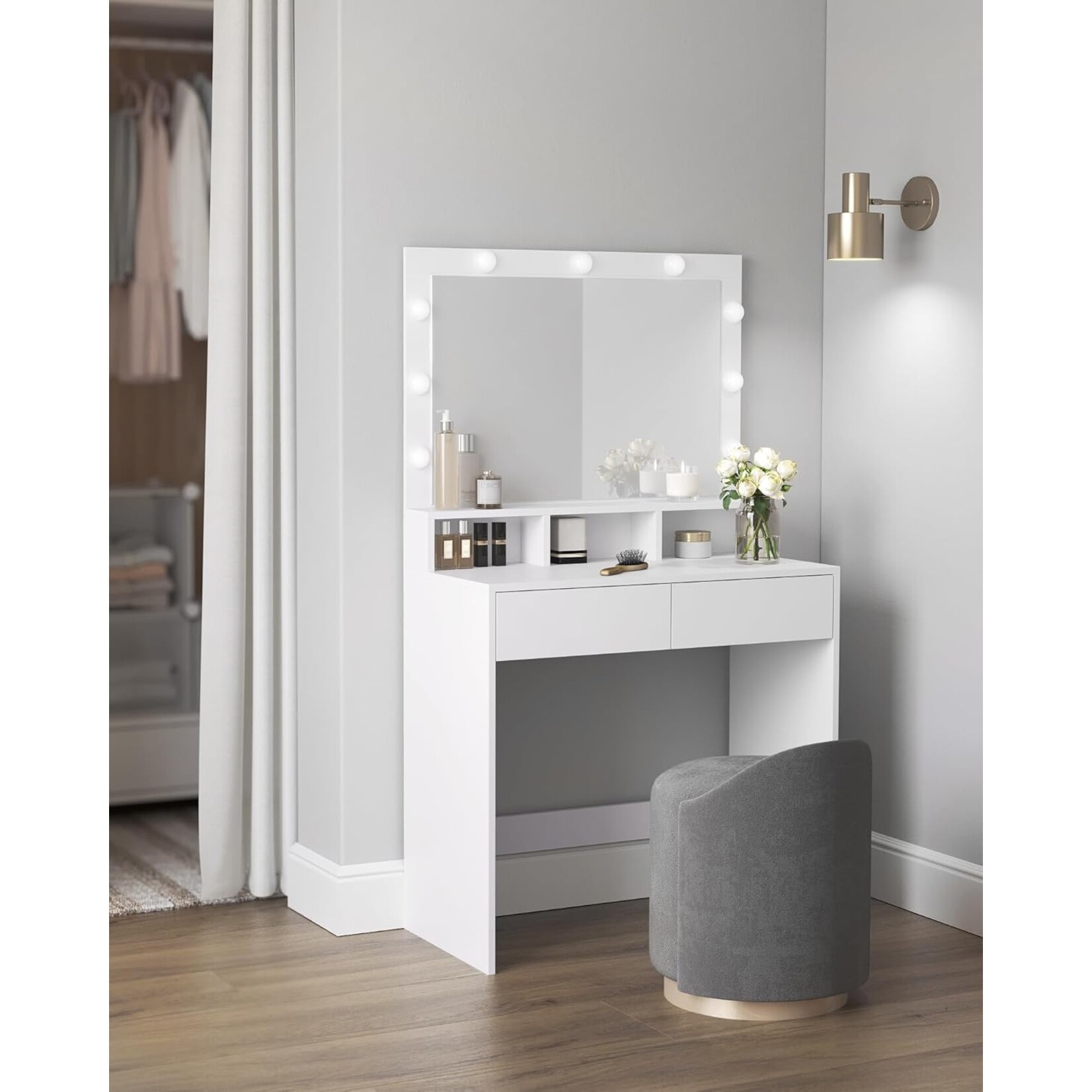 Bobbel Home Bobbel Home - Witte Kaptafel - Rechthoekige spiegel - Gloeilampen - 2 lades en 3 open vakken - Wit