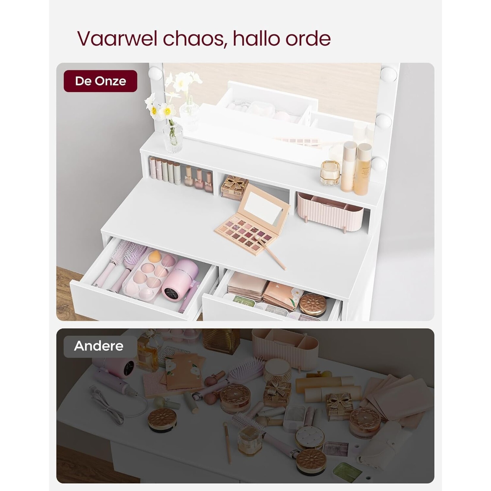 Bobbel Home Bobbel Home - Witte Kaptafel - Rechthoekige spiegel - Gloeilampen - 2 lades en 3 open vakken - Wit