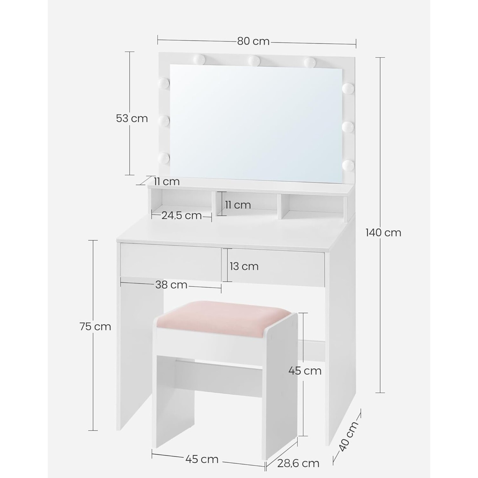Bobbel Home Bobbel Home - White Dressing table - Rectangular mirror - Light bulbs - 2 drawers and 3 open compartments - White - Copy - Copy