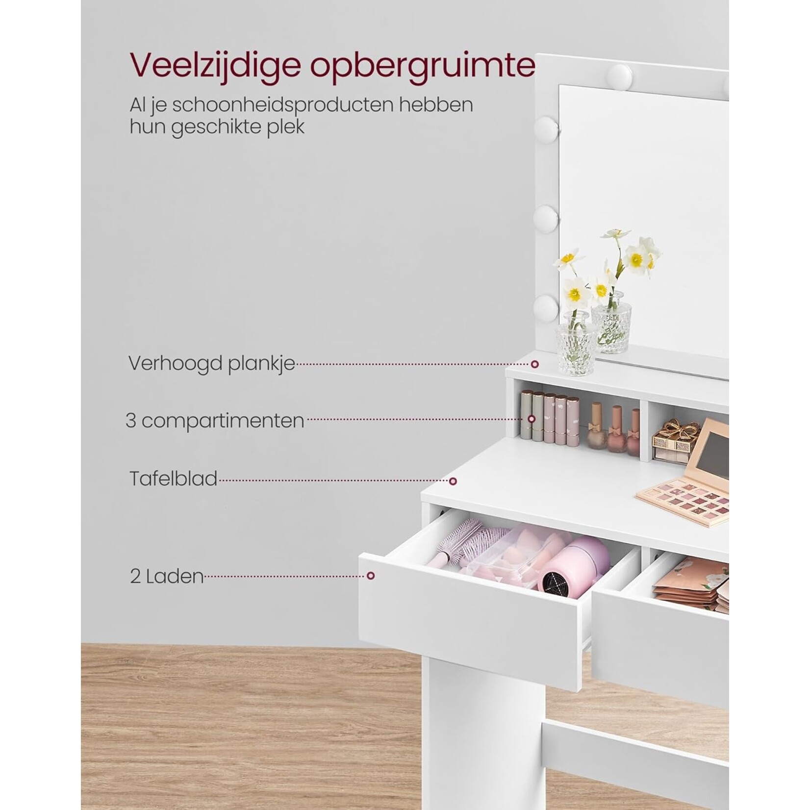 Bobbel Home Bobbel Home - White Dressing table - Rectangular mirror - Light bulbs - 2 drawers and 3 open compartments - White - Copy - Copy