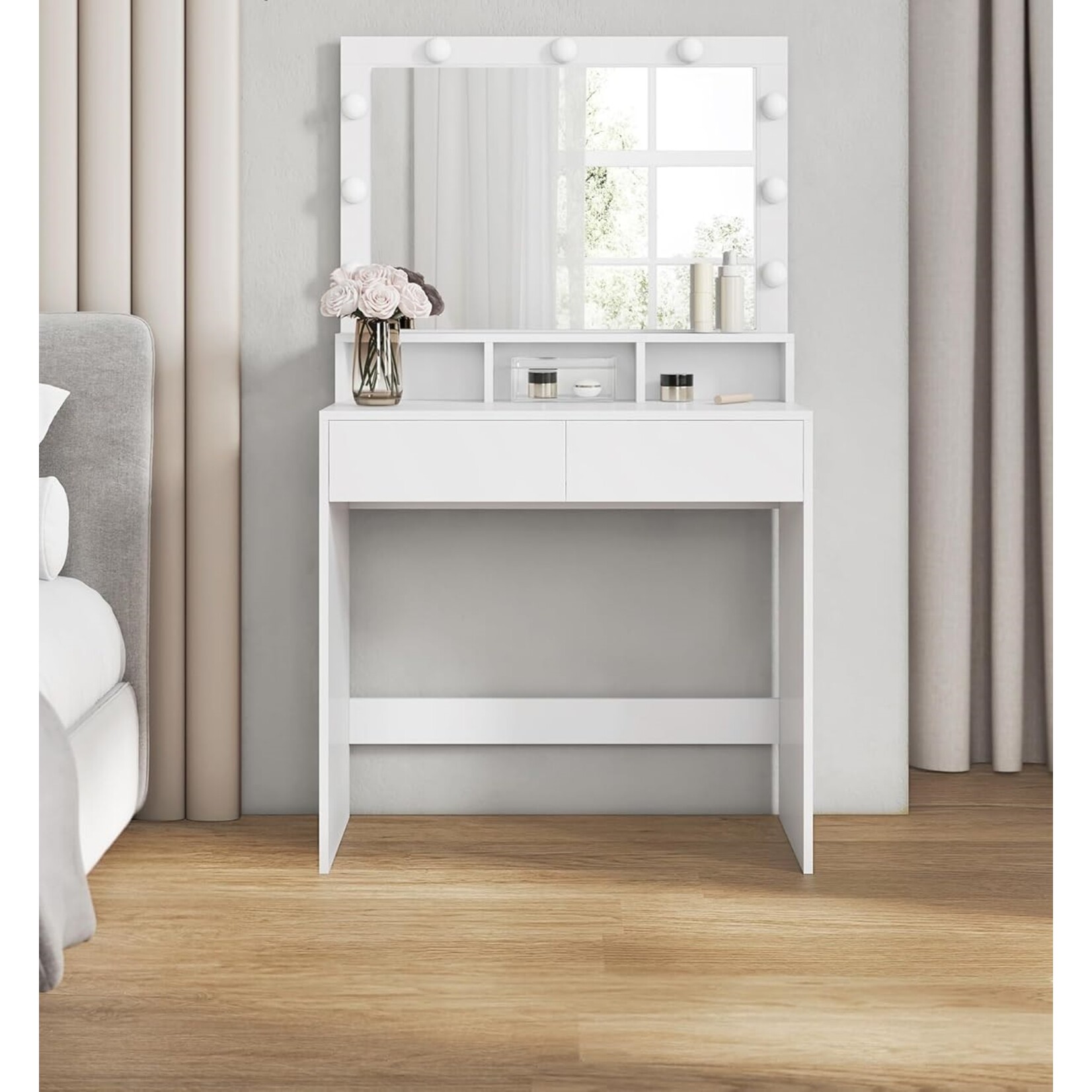 Bobbel Home Bobbel Home - Witte Kaptafel - Rechthoekige spiegel - Gloeilampen - 2 lades en 3 open vakken - Wit