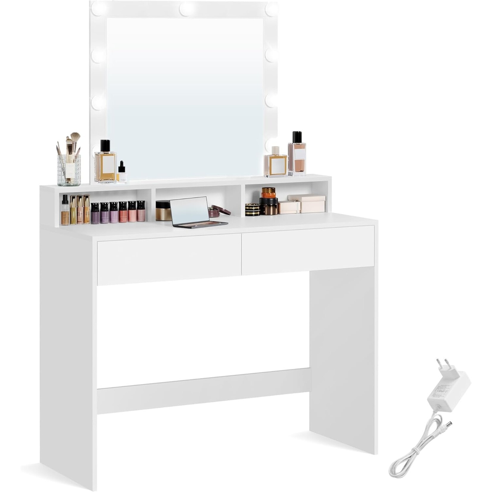 Parya Home Kaptafel, kaptafel met opklapbare spiegel en 2 laden, cosmetische tafel met 3 open compartimenten, kaptafel, voor make-up, modern, wit