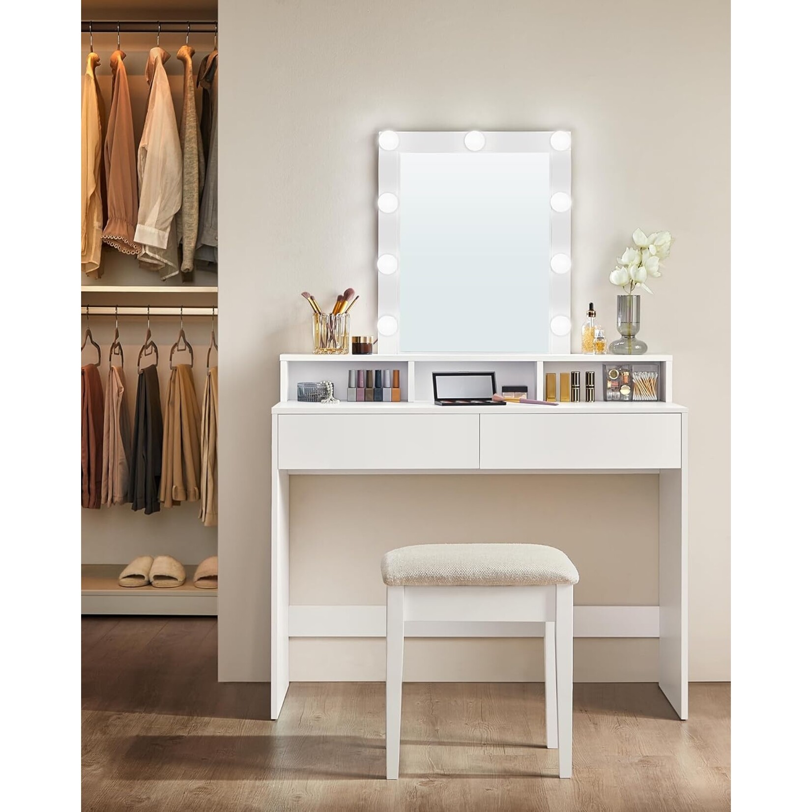 Parya Home Kaptafel, kaptafel met opklapbare spiegel en 2 laden, cosmetische tafel met 3 open compartimenten, kaptafel, voor make-up, modern, wit