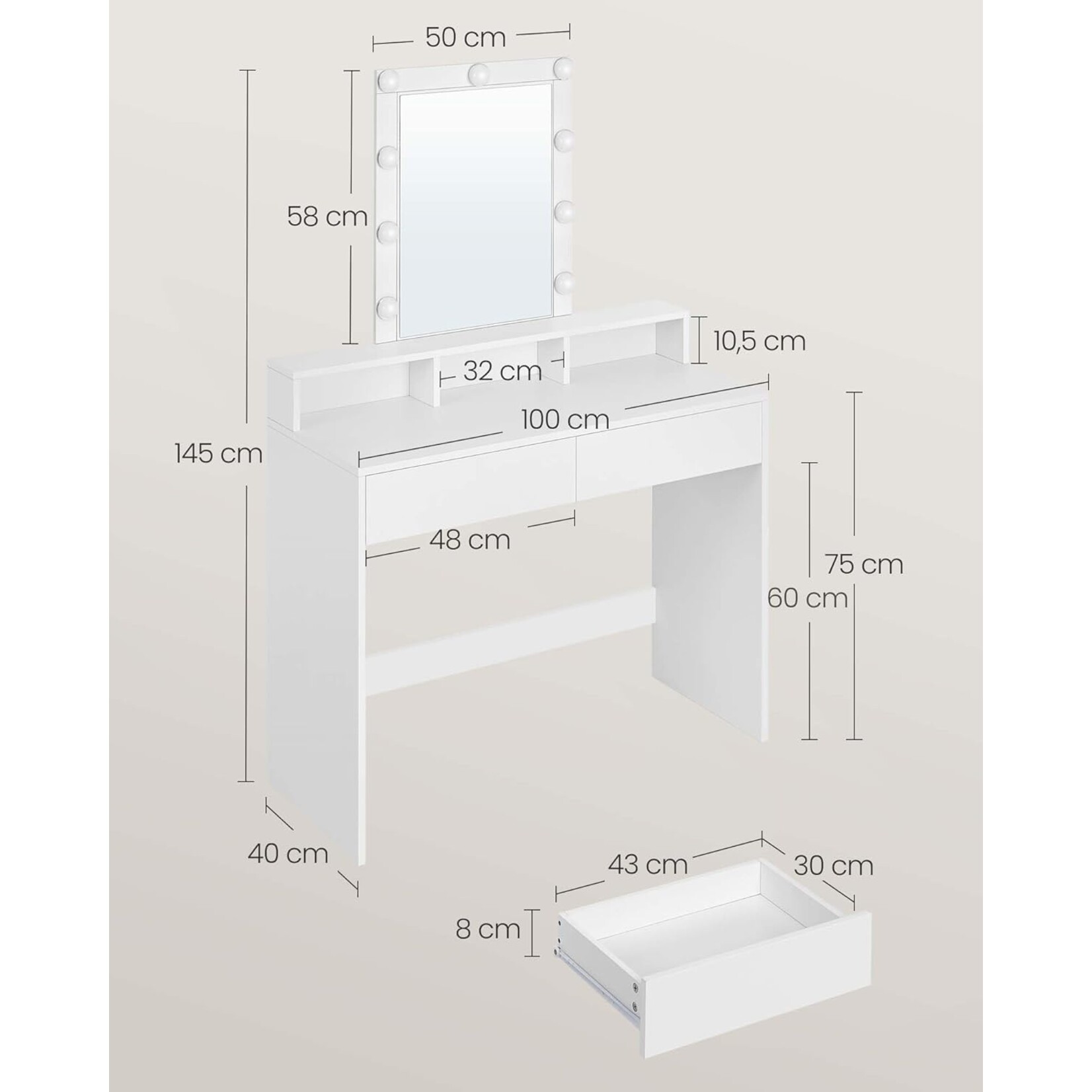 Parya Home Kaptafel, kaptafel met opklapbare spiegel en 2 laden, cosmetische tafel met 3 open compartimenten, kaptafel, voor make-up, modern, wit