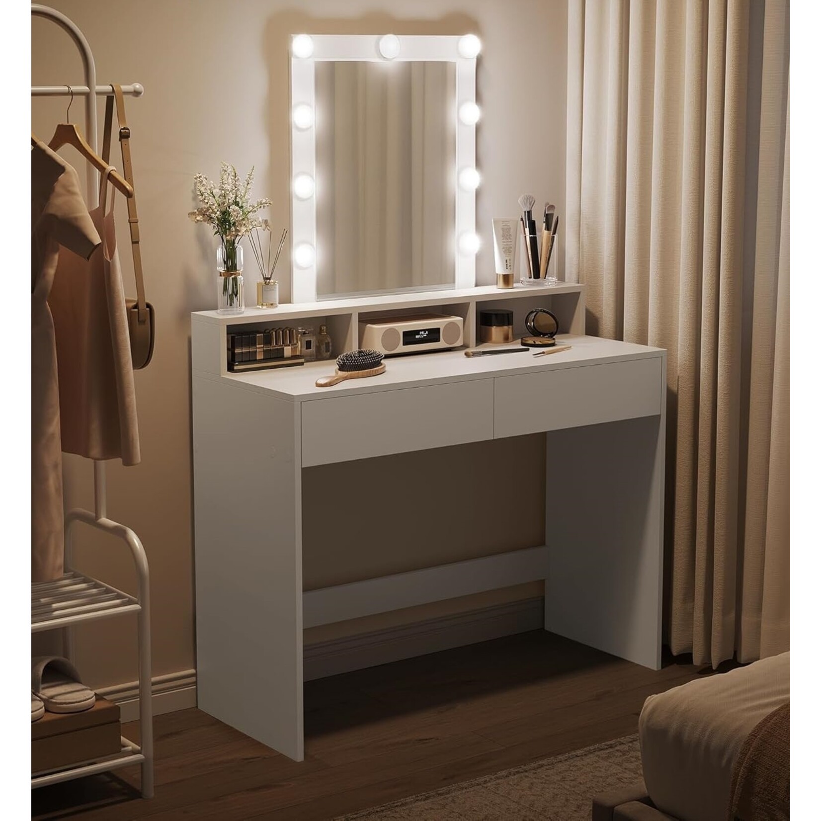 Parya Home Kaptafel, kaptafel met opklapbare spiegel en 2 laden, cosmetische tafel met 3 open compartimenten, kaptafel, voor make-up, modern, wit