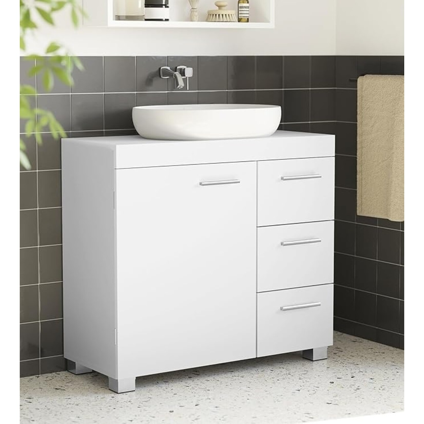 Parya Home Onderkast, Badkamerkast met 3 laden, 2 compartimenten achter de deur, 30 x 70 x 64 cm, Wit