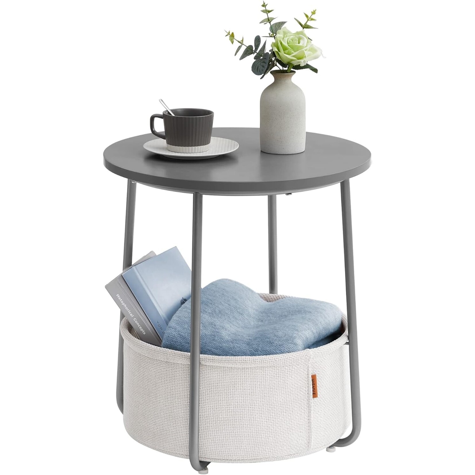 Bijzettafel rond kleine tafel salontafel klein woonkamertafel met stoffen mand opbergruimte voor woonkamer slaapkamer nachtkastje grijs-wolk wit Grijs + troebel wit 45 x 45 x 50 cm