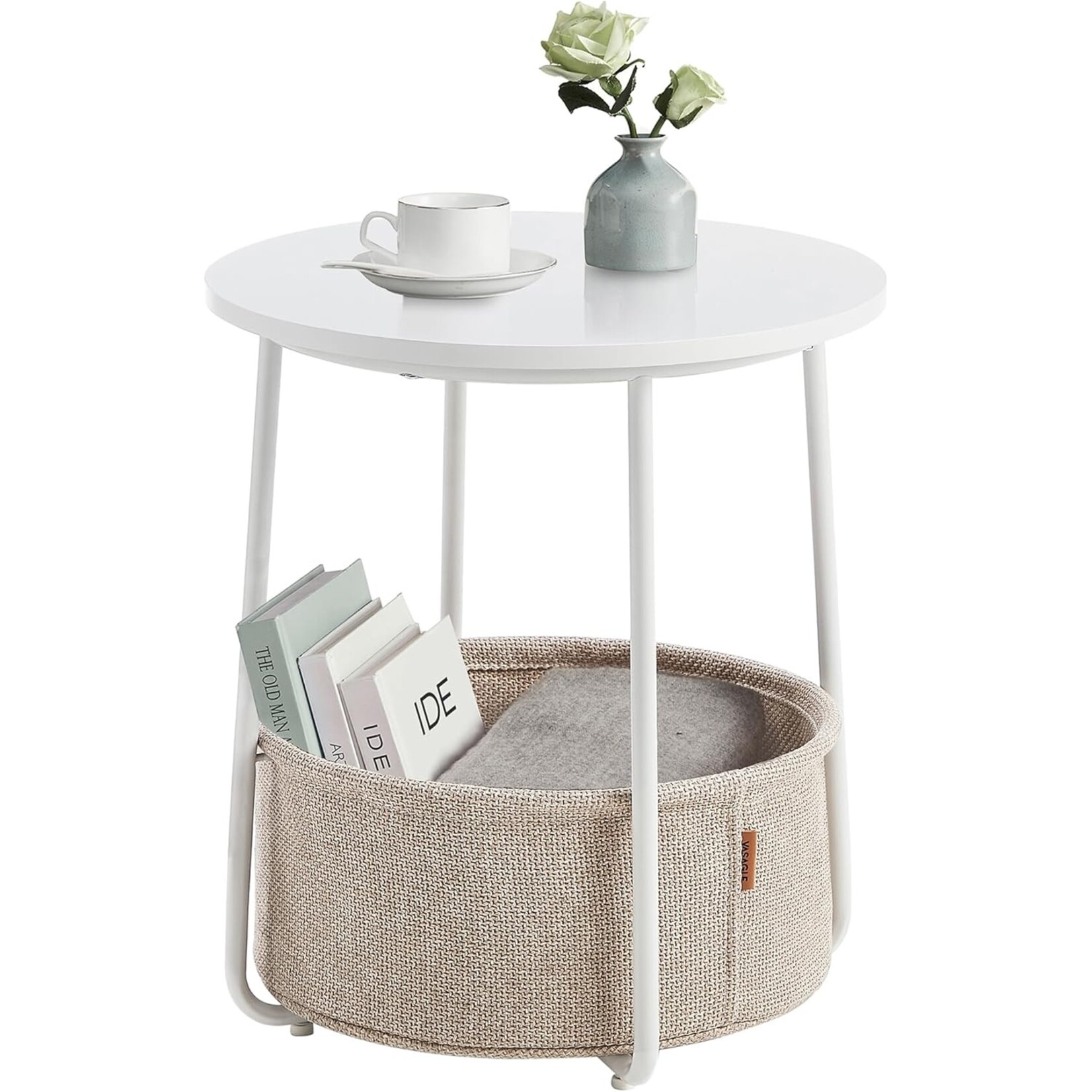 Parya Home Bijzettafel, ronde bijzettafel met stoffen mand, ruim, voor woonkamer, slaapkamer, nachtkastje, moderne stijl, wit en beige