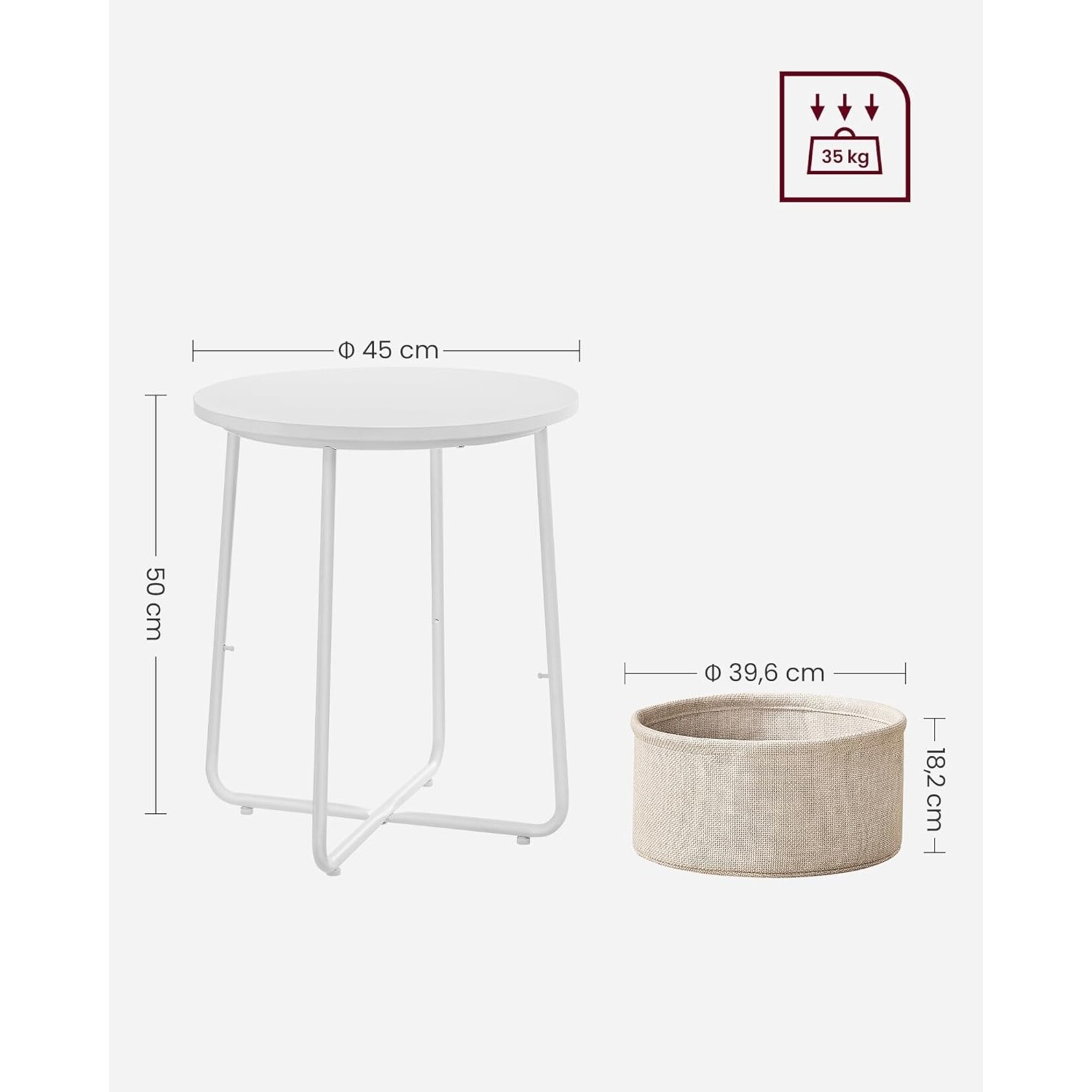 Parya Home Side table, round side table with fabric basket, spacious, for living room, bedroom, bedside table, modern style, white and beige
