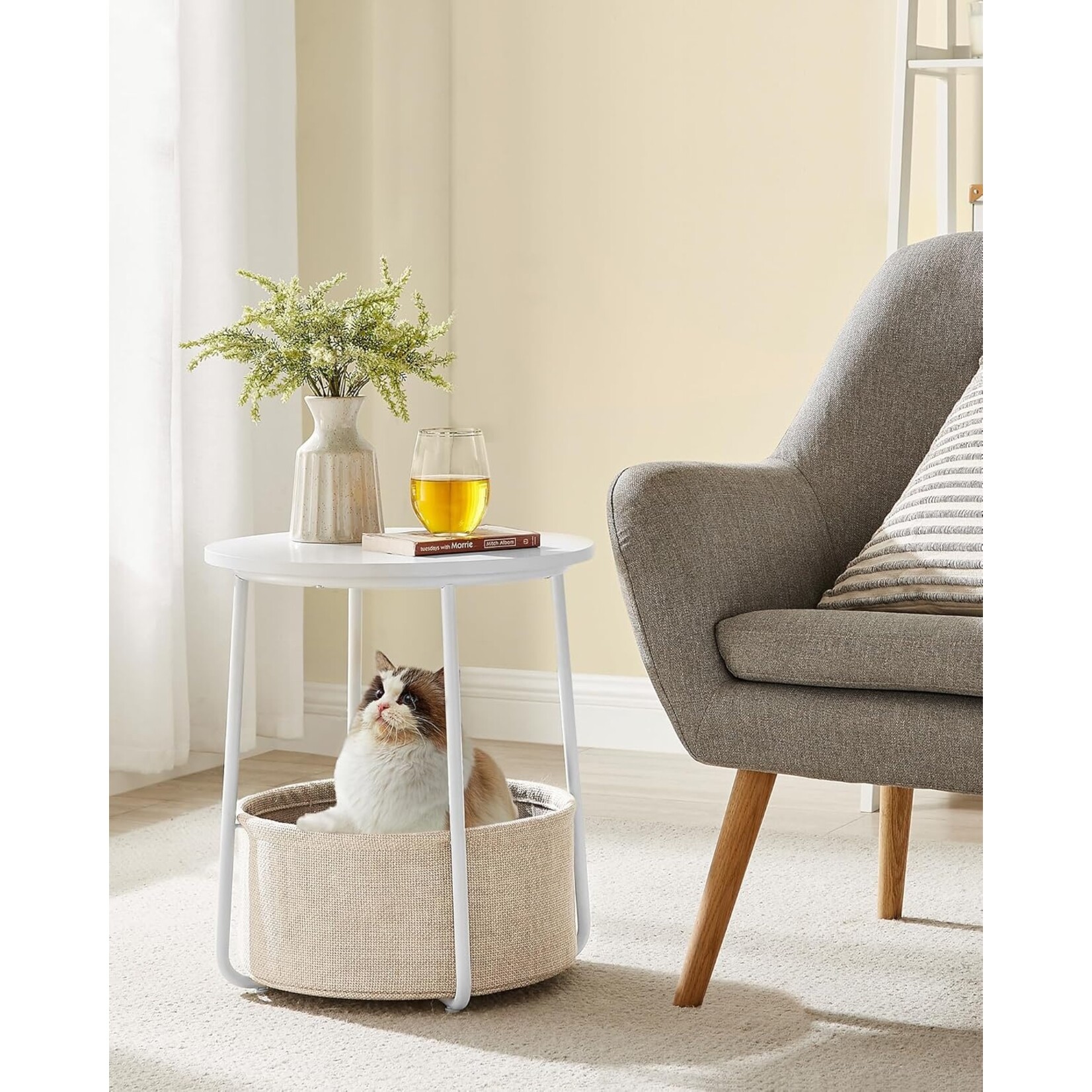 Parya Home Bijzettafel, ronde bijzettafel met stoffen mand, ruim, voor woonkamer, slaapkamer, nachtkastje, moderne stijl, wit en beige