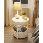 Side table, round side table with fabric basket, spacious, for living room, bedroom, bedside table, modern style, white and beige