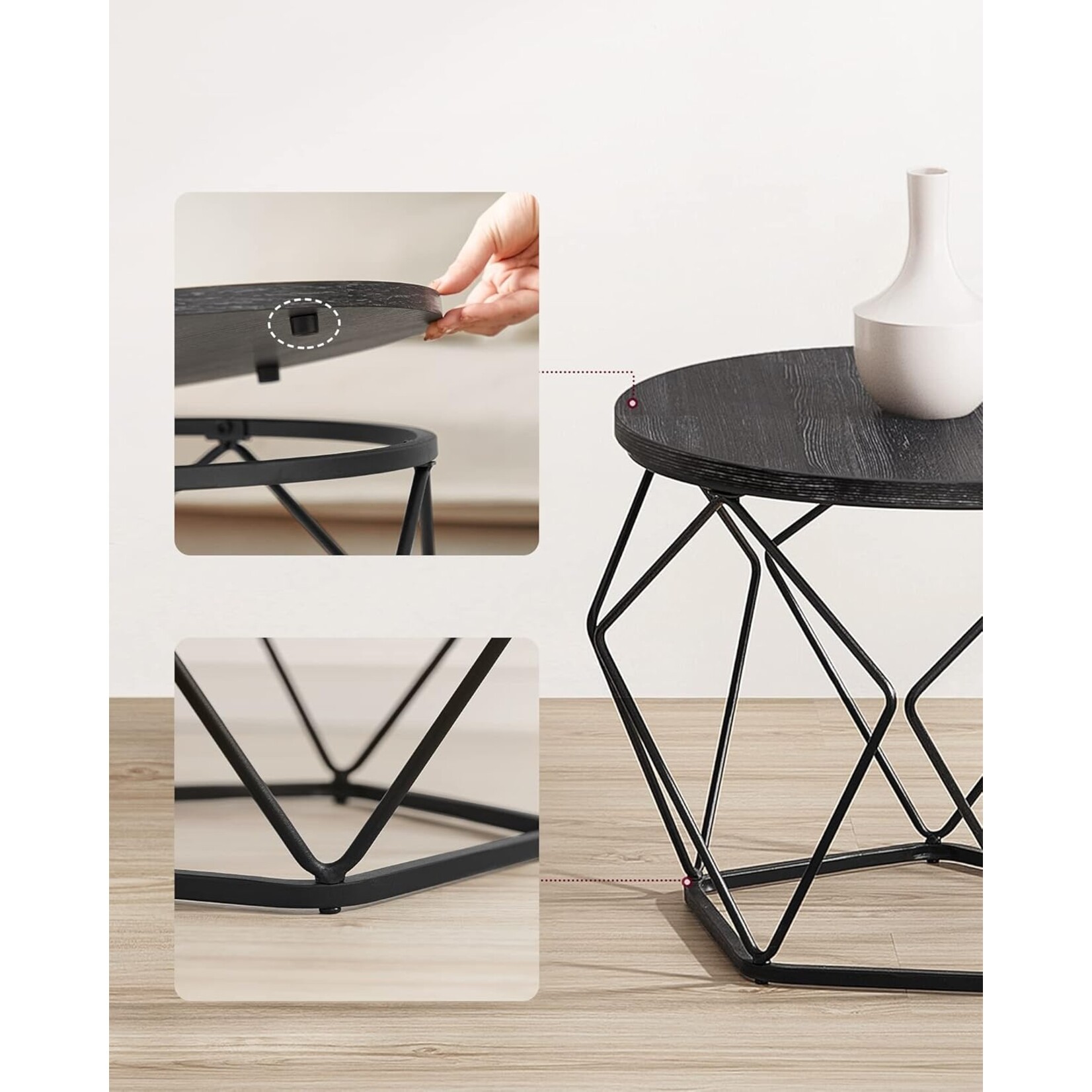 Parya Home Ronde salontafels, set van 2 bijzettafels, moderne stijl, afneembaar tafelblad, stalen frame, voor woonkamer, zwart