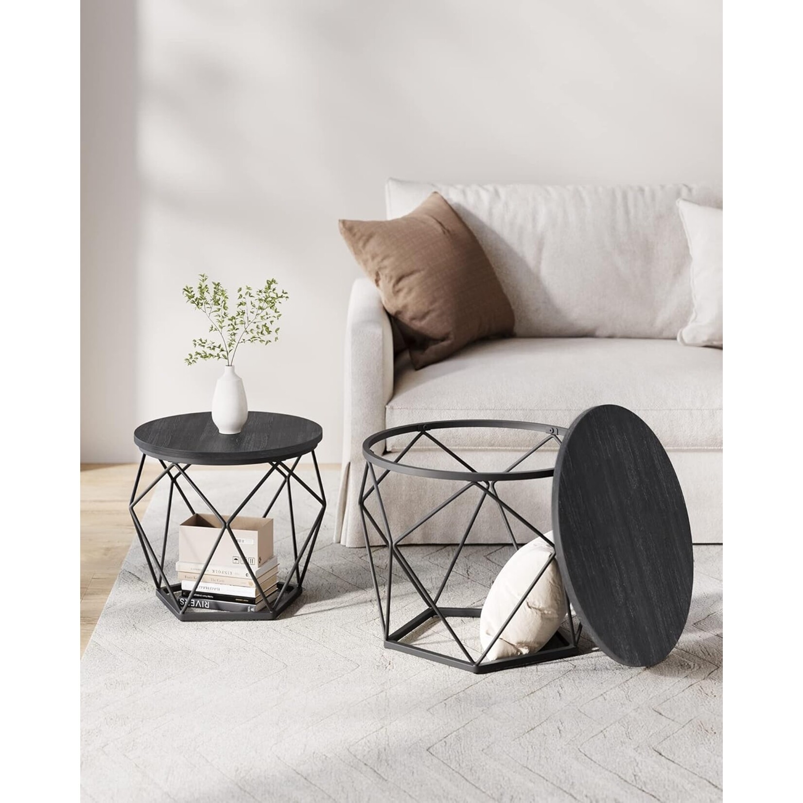Parya Home Ronde salontafels, set van 2 bijzettafels, moderne stijl, afneembaar tafelblad, stalen frame, voor woonkamer, zwart