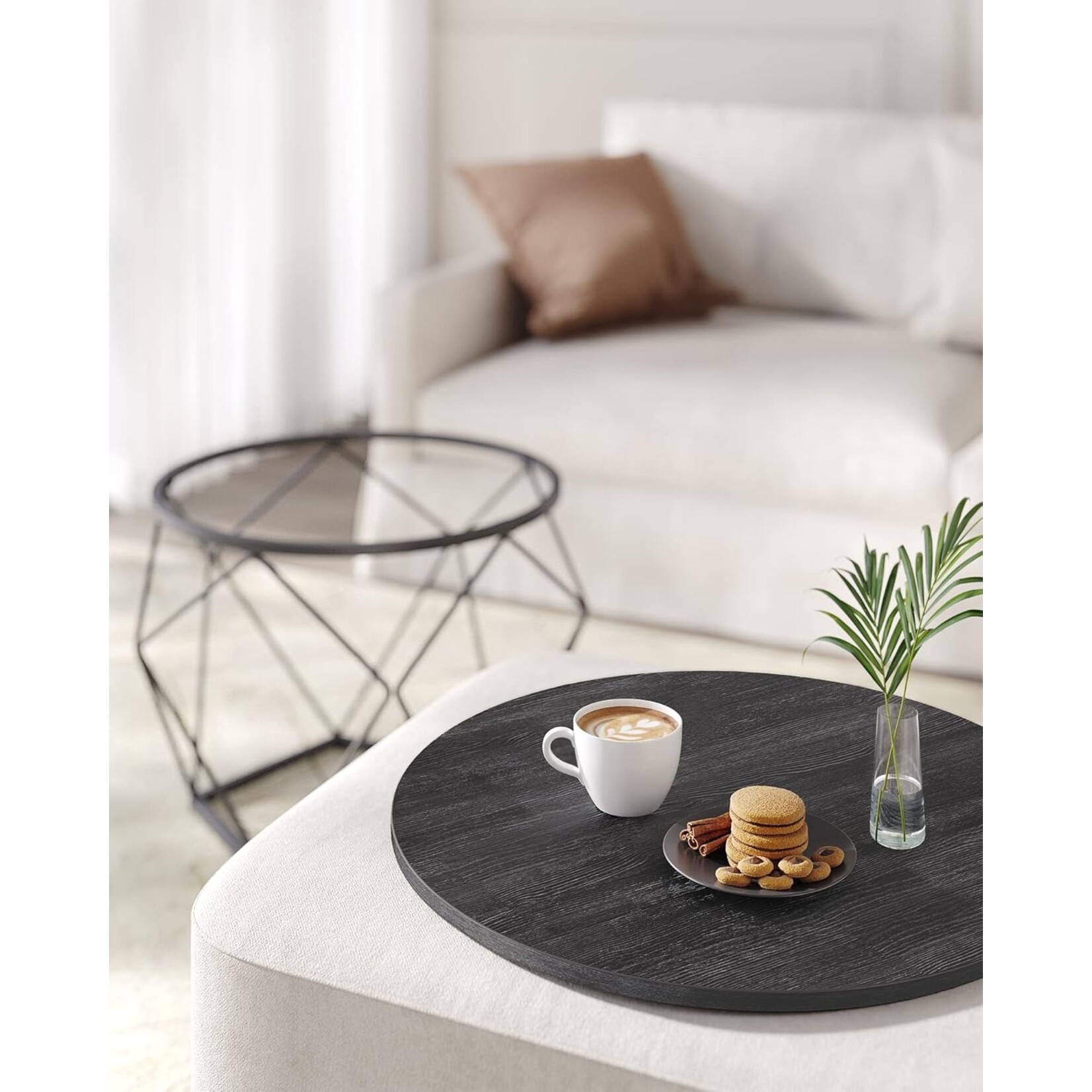 Parya Home Ronde salontafels, set van 2 bijzettafels, moderne stijl, afneembaar tafelblad, stalen frame, voor woonkamer, zwart