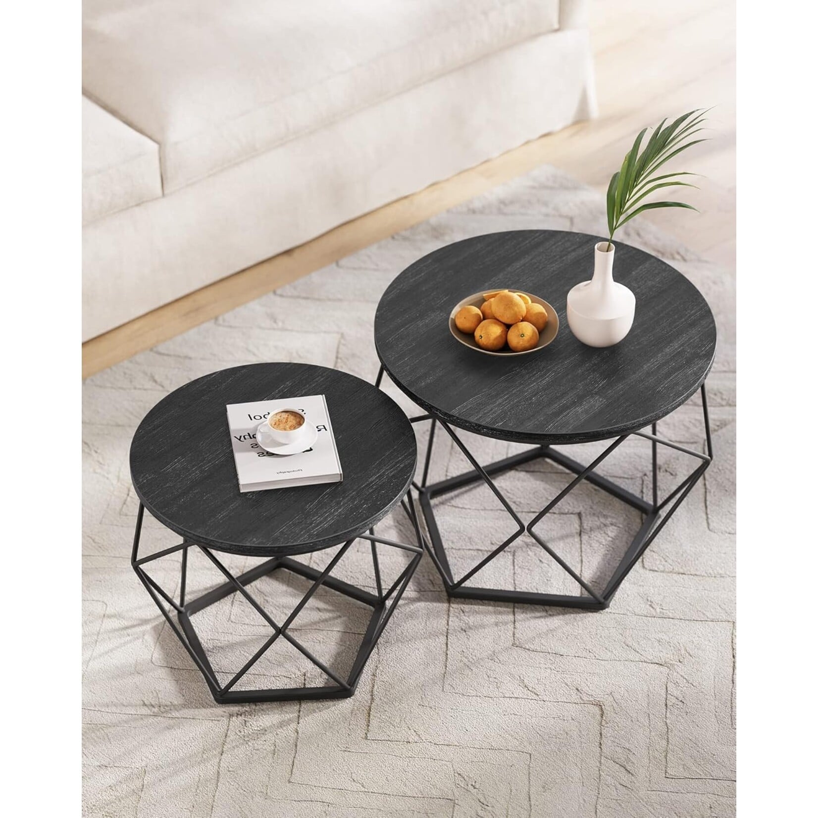 Parya Home Ronde salontafels, set van 2 bijzettafels, moderne stijl, afneembaar tafelblad, stalen frame, voor woonkamer, zwart
