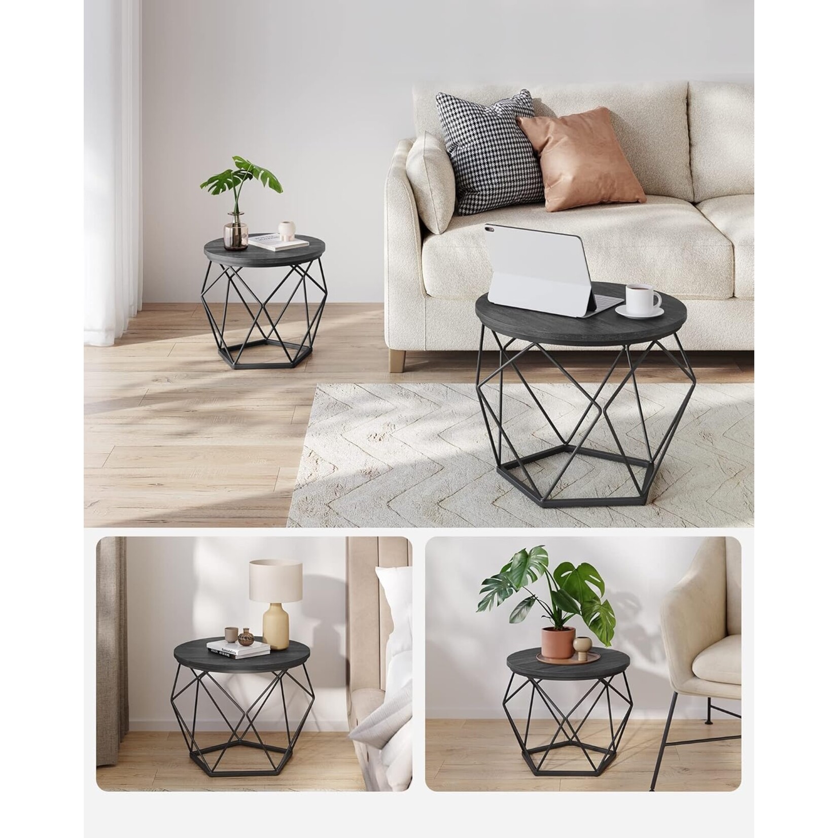 Parya Home Ronde salontafels, set van 2 bijzettafels, moderne stijl, afneembaar tafelblad, stalen frame, voor woonkamer, zwart