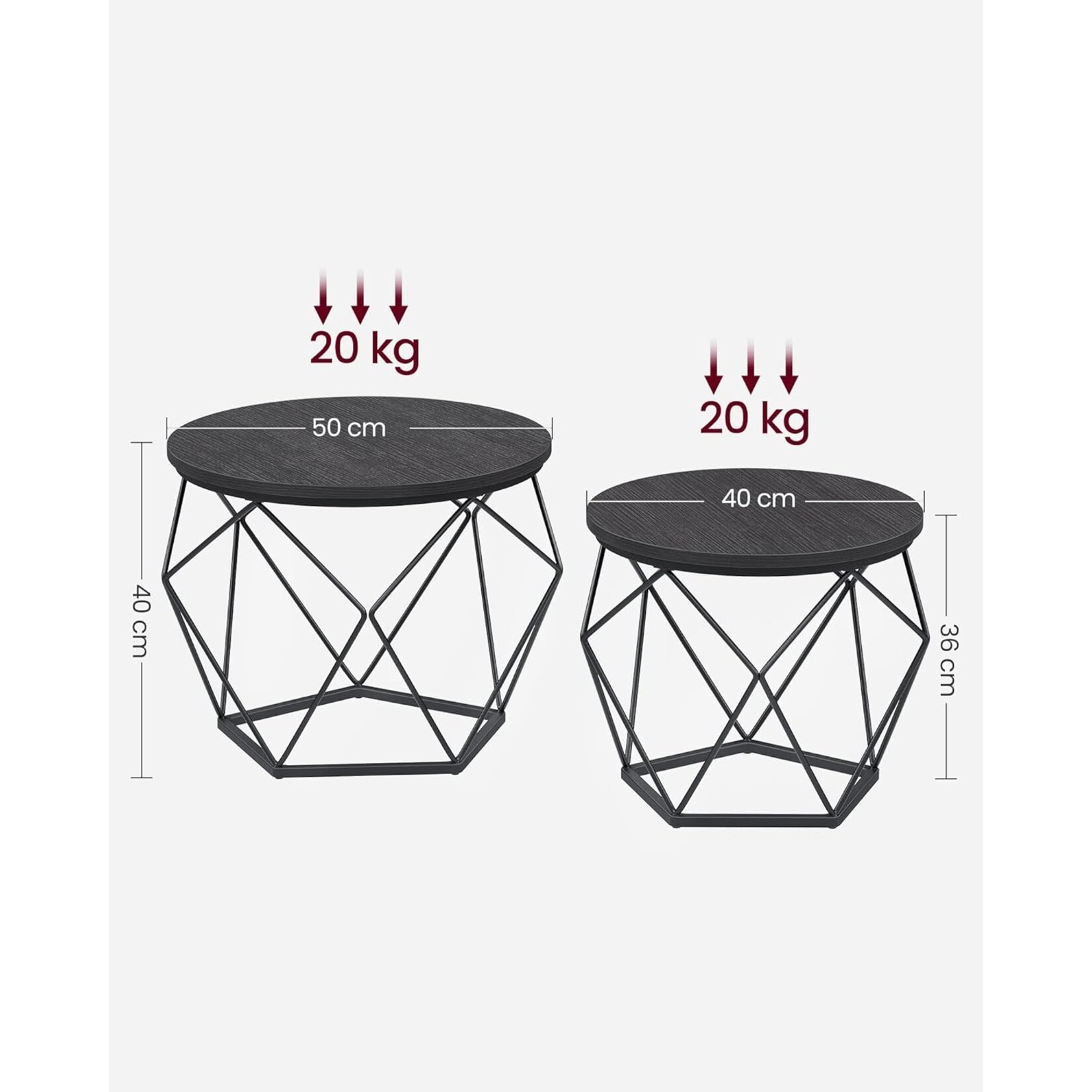 Parya Home Ronde salontafels, set van 2 bijzettafels, moderne stijl, afneembaar tafelblad, stalen frame, voor woonkamer, zwart