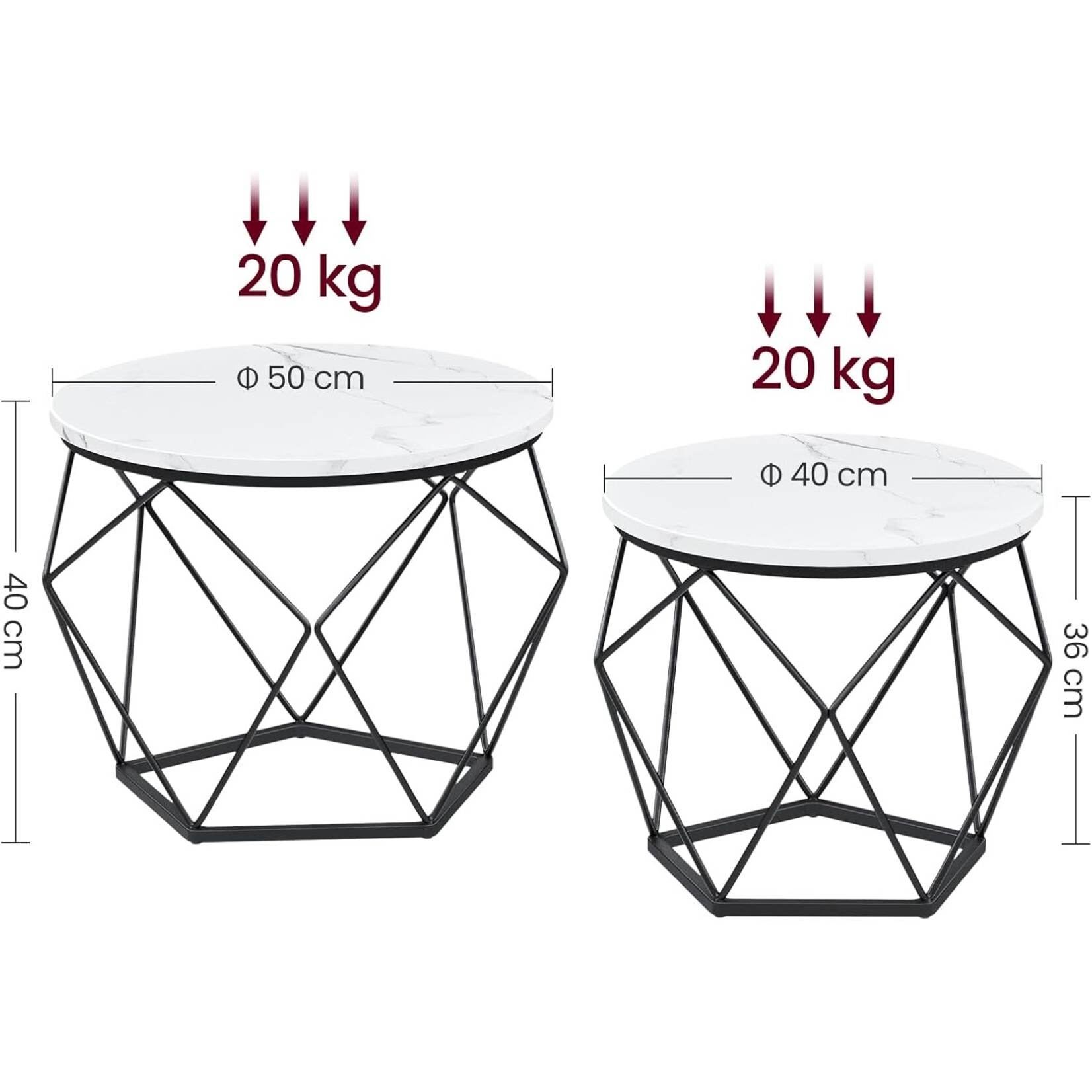 Parya Home Round coffee tables, set of 2 side tables, modern style, removable table top, steel frame, for living room, white and black,