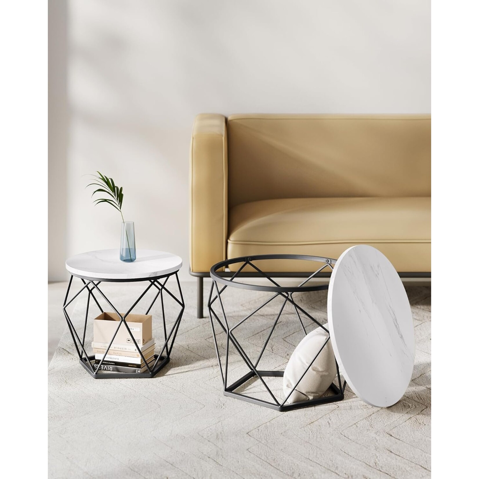 Parya Home Ronde salontafels, set van 2 bijzettafels, moderne stijl, afneembaar tafelblad, stalen frame, voor woonkamer, wit en zwart,