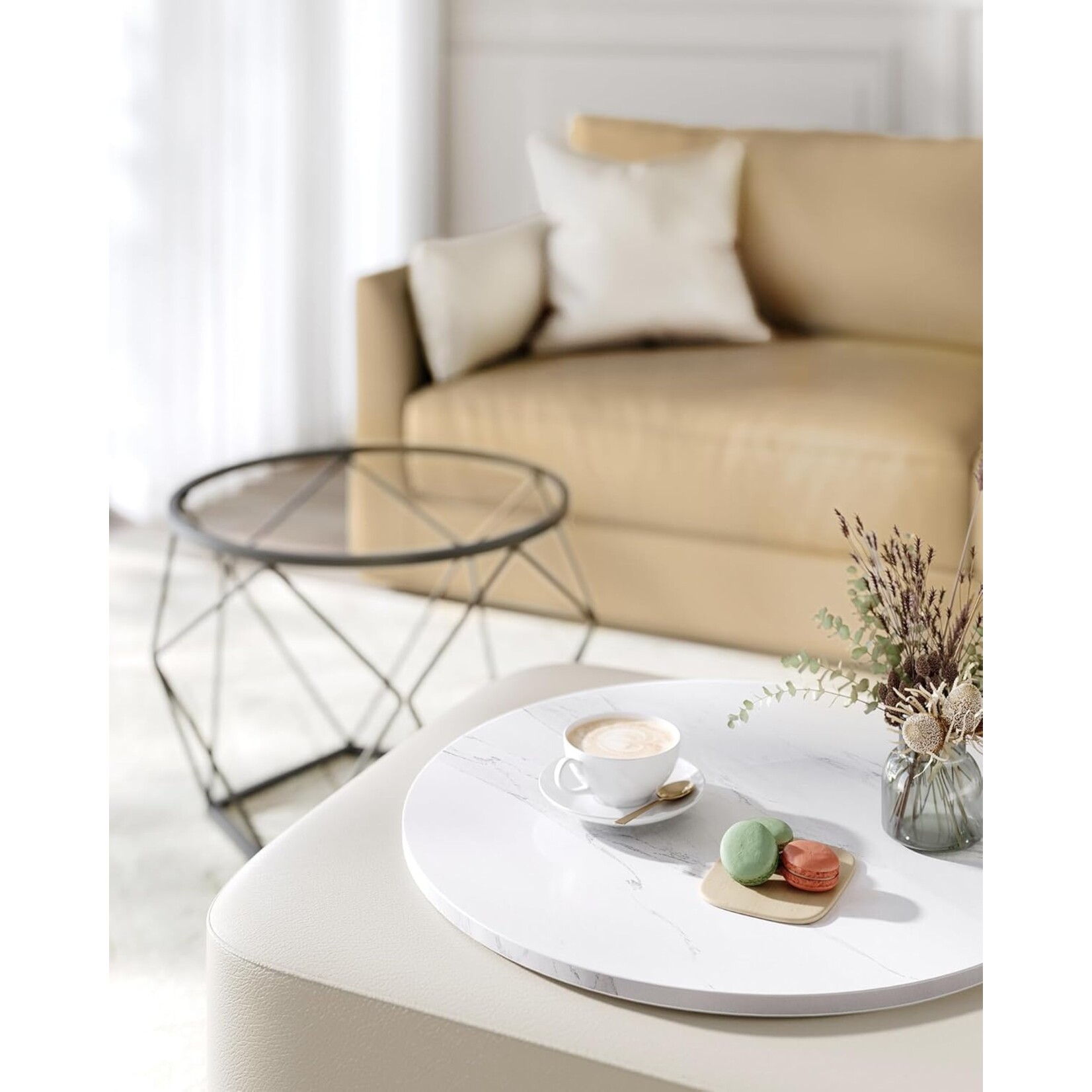 Parya Home Parya Home Round coffee tables, set of 2 side tables, modern style, removable table top, steel frame, for living room, white and black,