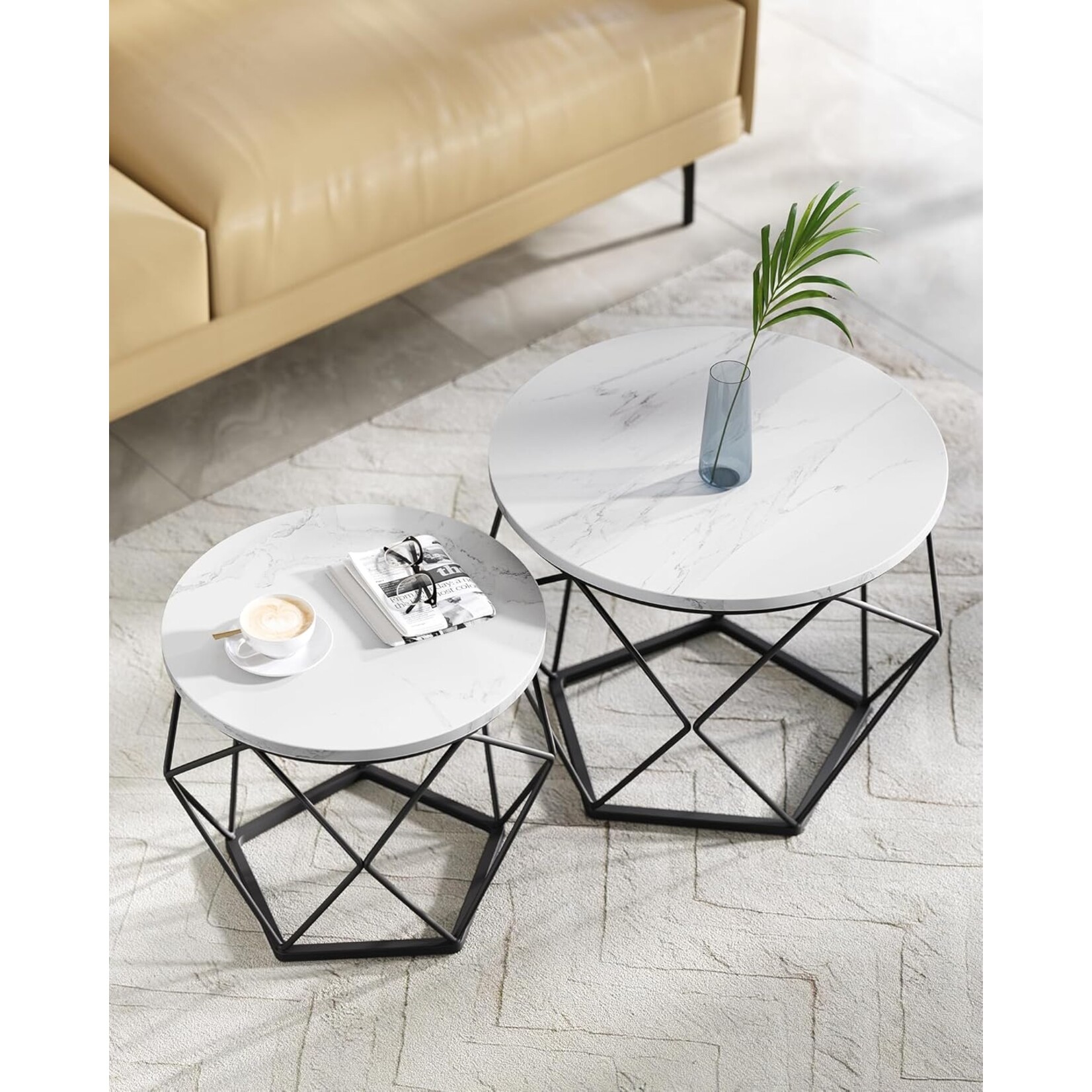 Parya Home Round coffee tables, set of 2 side tables, modern style, removable table top, steel frame, for living room, white and black,