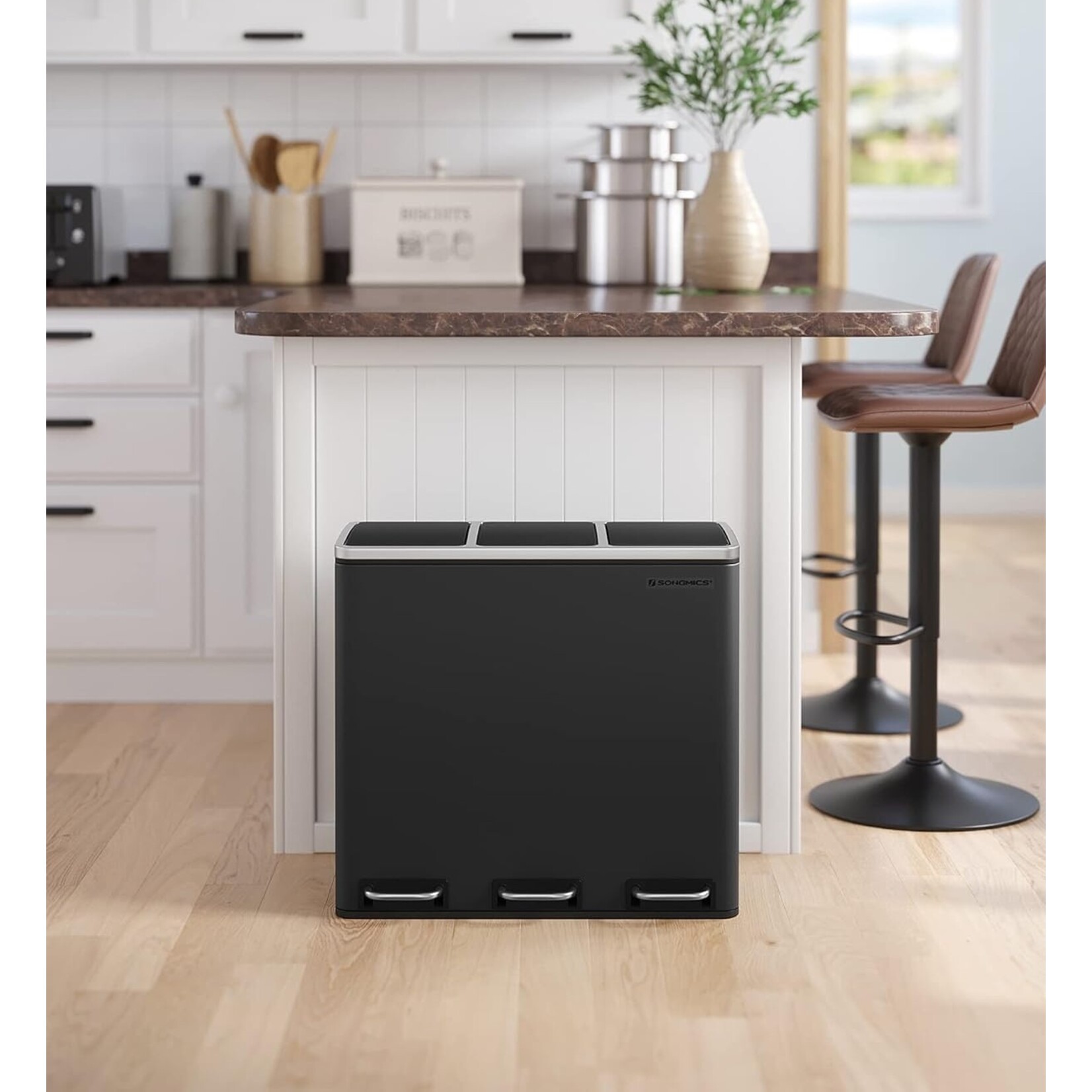 Parya Home 54L Trash Bin - Pedal Bin - Recycling - 3 Compartments - Soft-Close - Inside Bins - Carrying Handles -