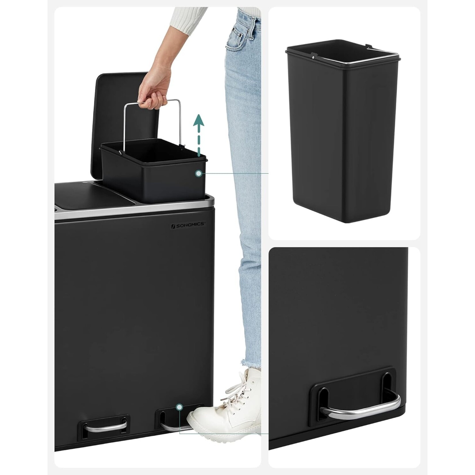 54L Prullenbak - Pedaalemmer - Recycling - 3 Compartimenten - Soft-Close - Binnenbakken - Draaghendels -