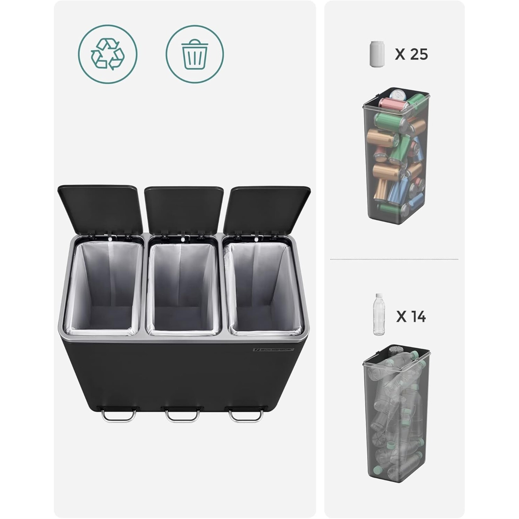 54L Prullenbak - Pedaalemmer - Recycling - 3 Compartimenten - Soft-Close - Binnenbakken - Draaghendels -