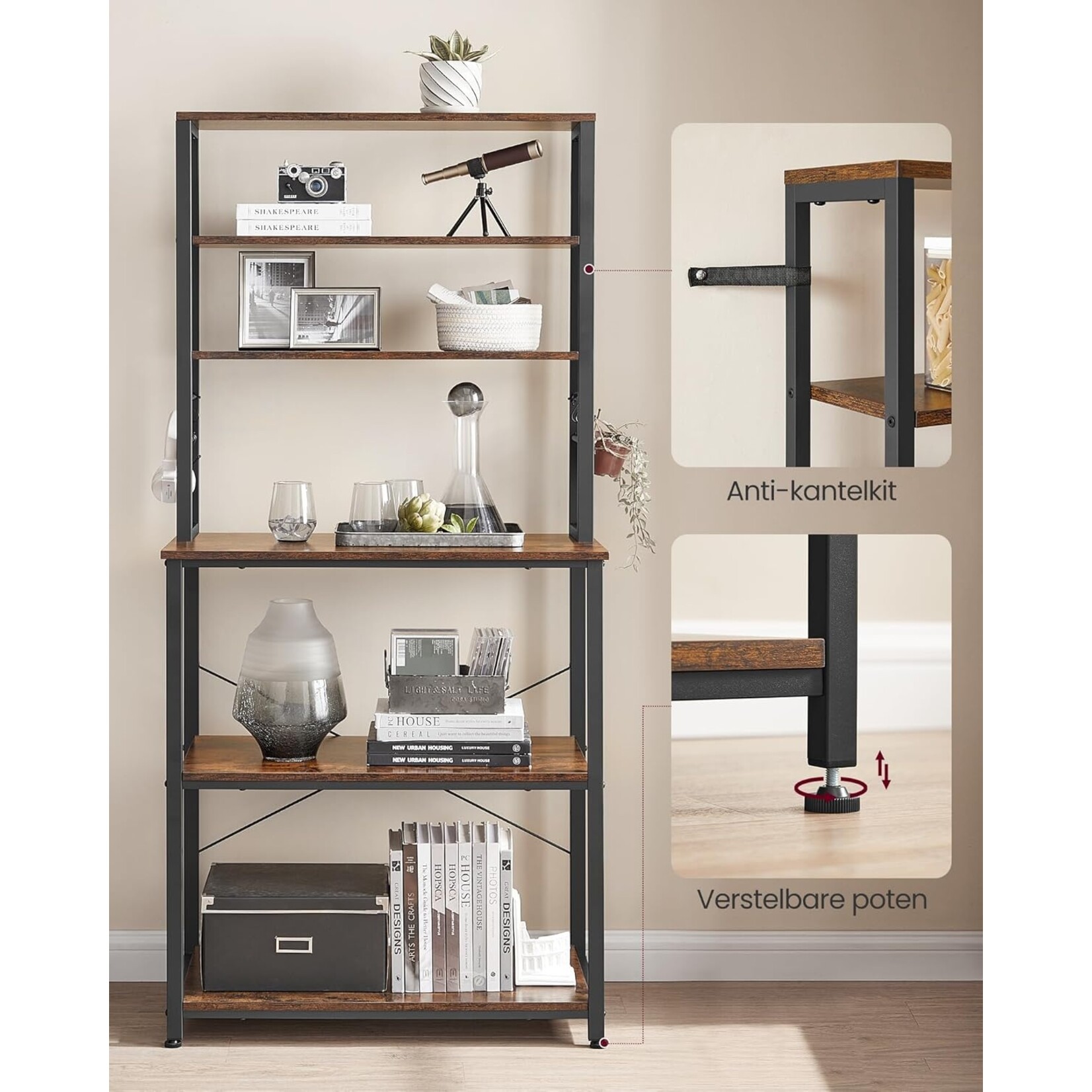 Bobbel Home Upright Kitchen Rack - Incl 6 shelves and 6 hooks - Industrial Design - Brown & Black